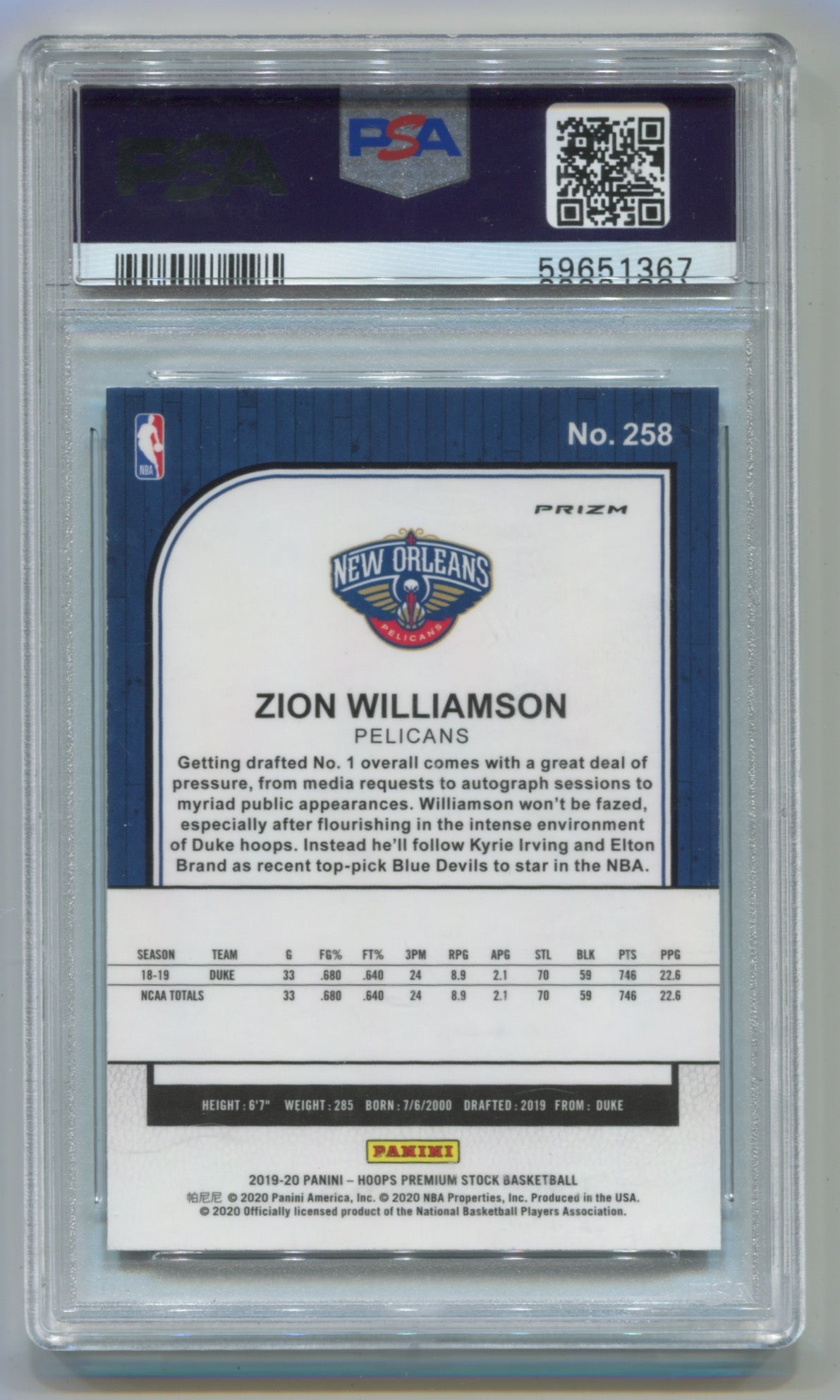 2019-20 Hoops Premium Stock Green Prizm #258 Zion Williamson PSA 9 (Rookie)
