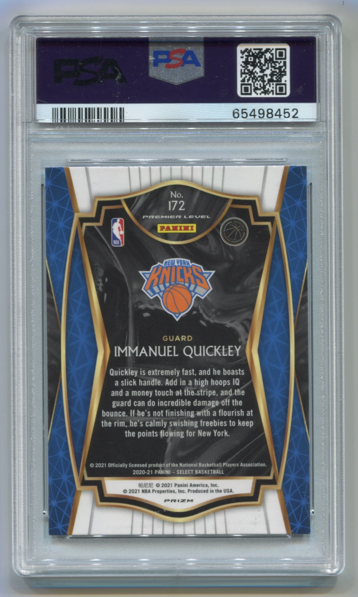 2020-21 Panini Select Blue/White/Purple Cracked Ice  #172 Immanuel Quickley PSA 10 (Rookie)