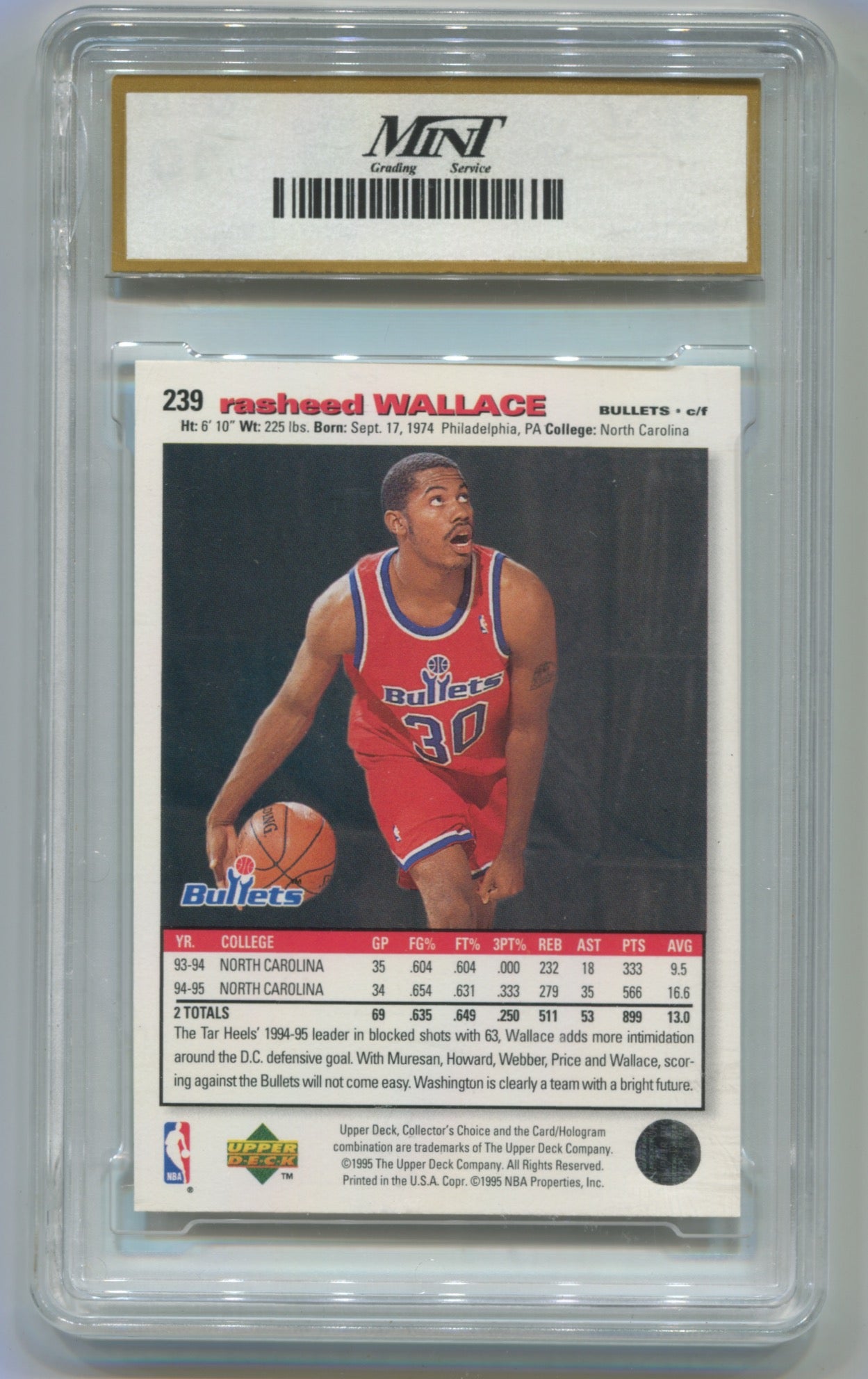 1995-96 Collector's Choice #239 Rasheed Wallace Mint 10 (Rookie)