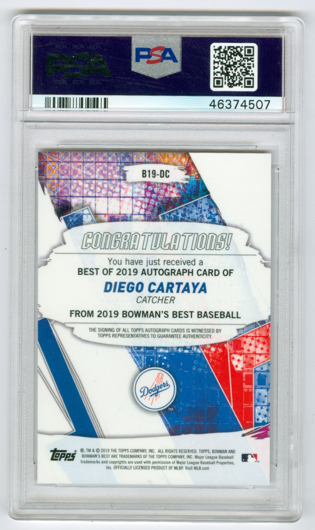2019 Bowman's Best Best of 2019 Autographs #B19DC Diego Cartaya PSA 10