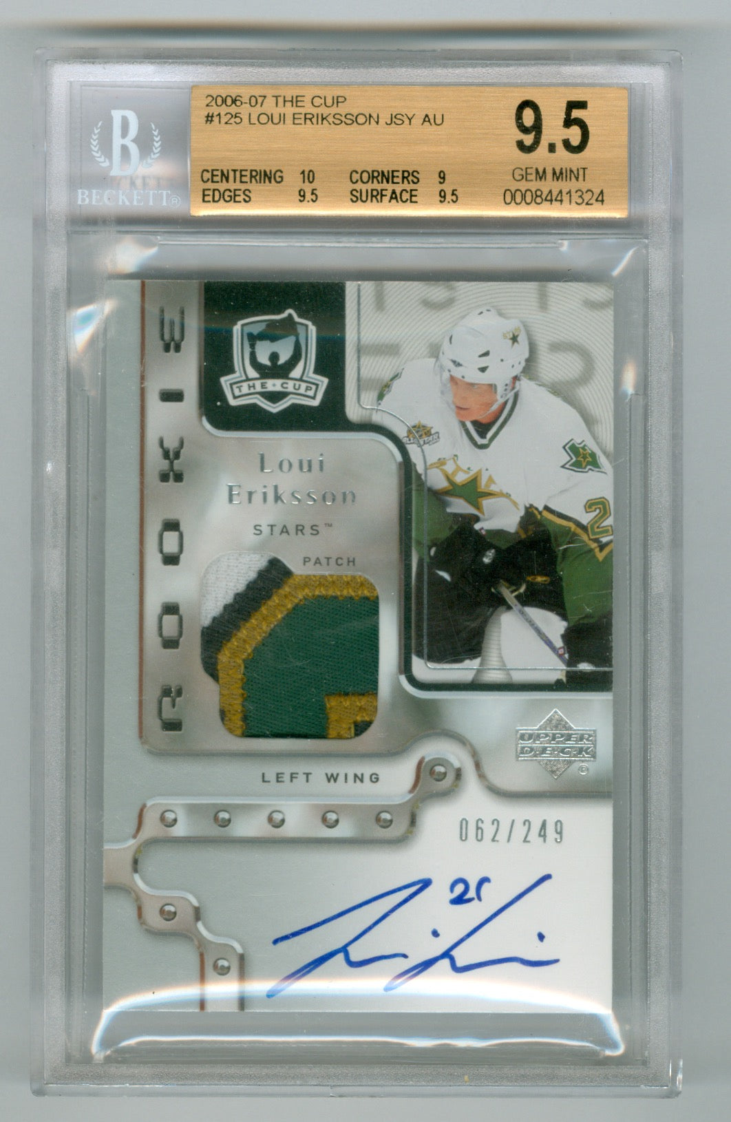 2006-07 The Cup #125 Loui Eriksson #062/249 BGS 9.5 (Auto 10) (Rookie)