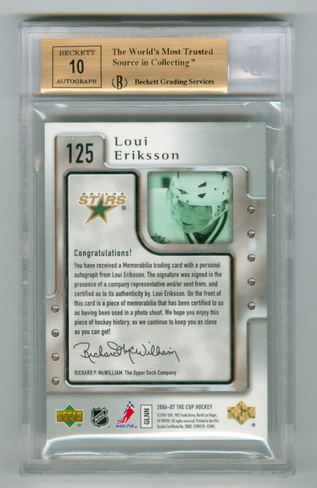 2006-07 The Cup #125 Loui Eriksson #062/249 BGS 9.5 (Auto 10) (Rookie)