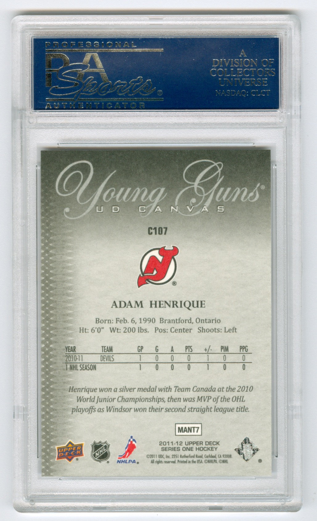 2011-12 Upper Deck Canvas #C107 Adam Henrique PSA 10 (Rookie) | Eastridge Sports Cards