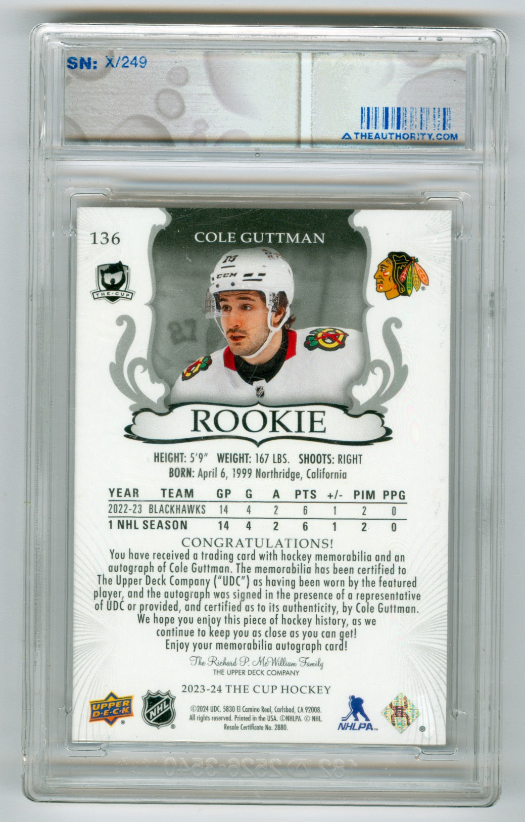 2023-24 Upper Deck The Cup #136 Cole Guttman #055/249 (Rookie)