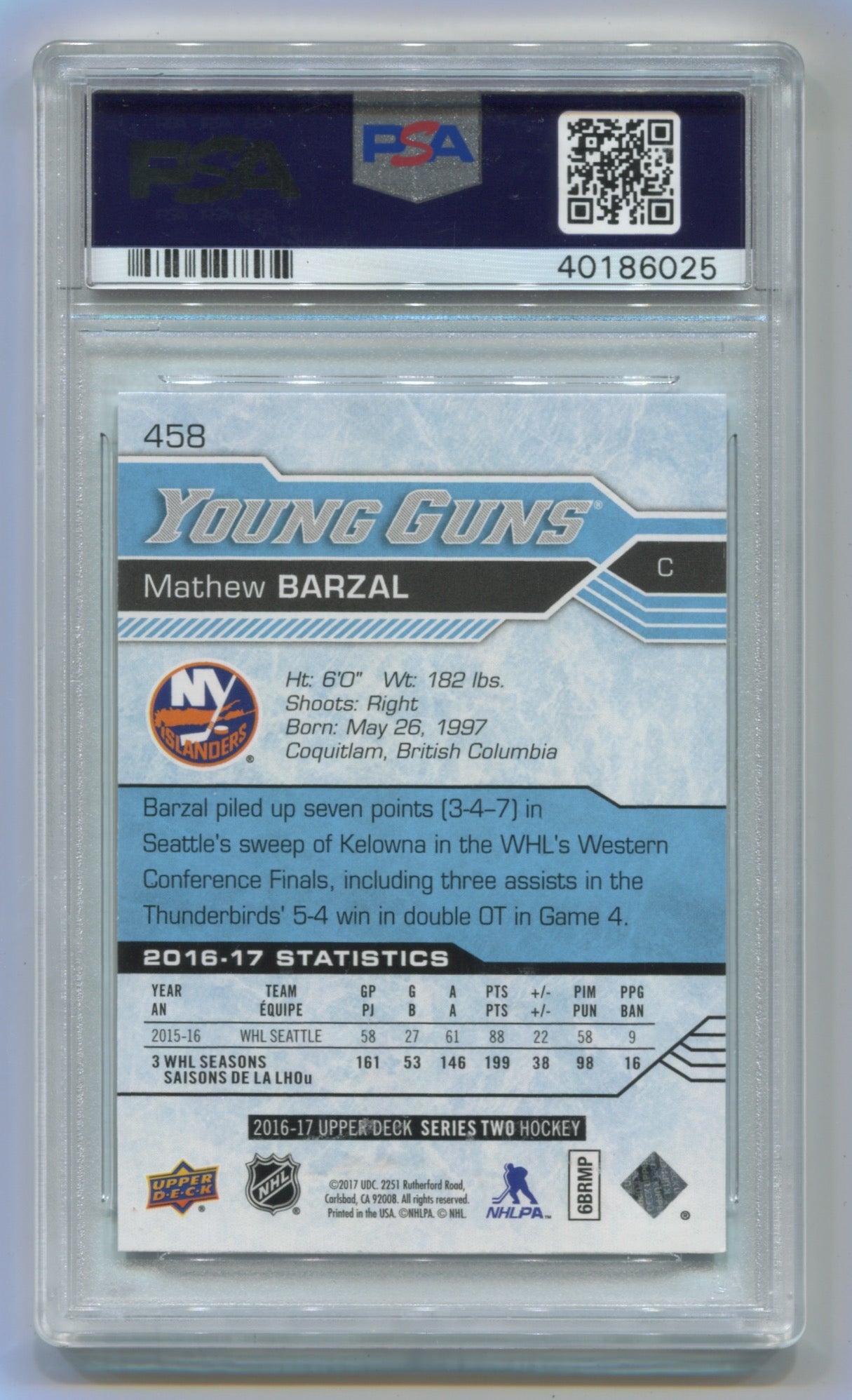2016-17 Upper Deck #458 Matthew Barzal PSA 10 (Rookie)