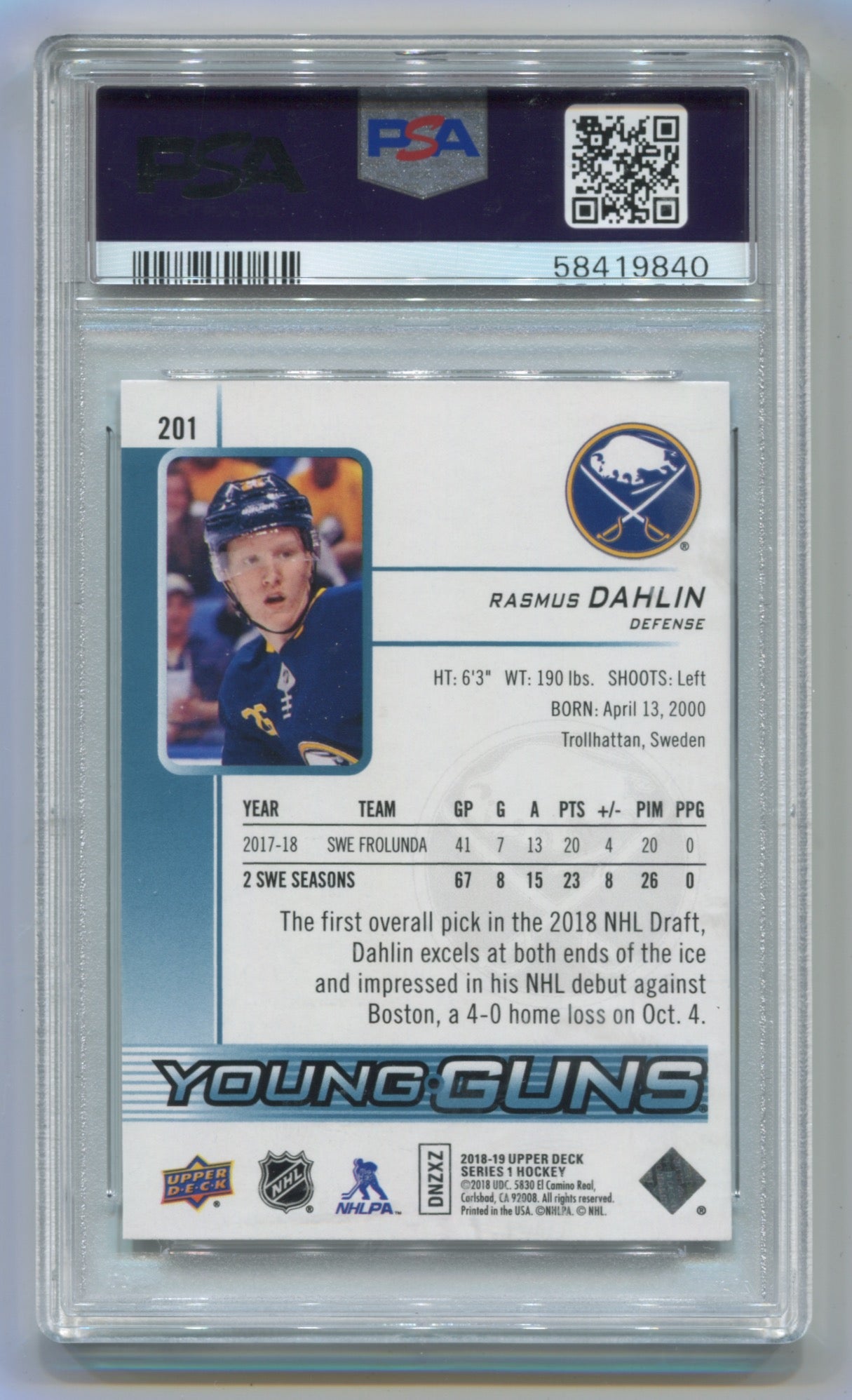 2018-19 Upper Deck #201 Rasmus Dahlin PSA 10 (Rookie)