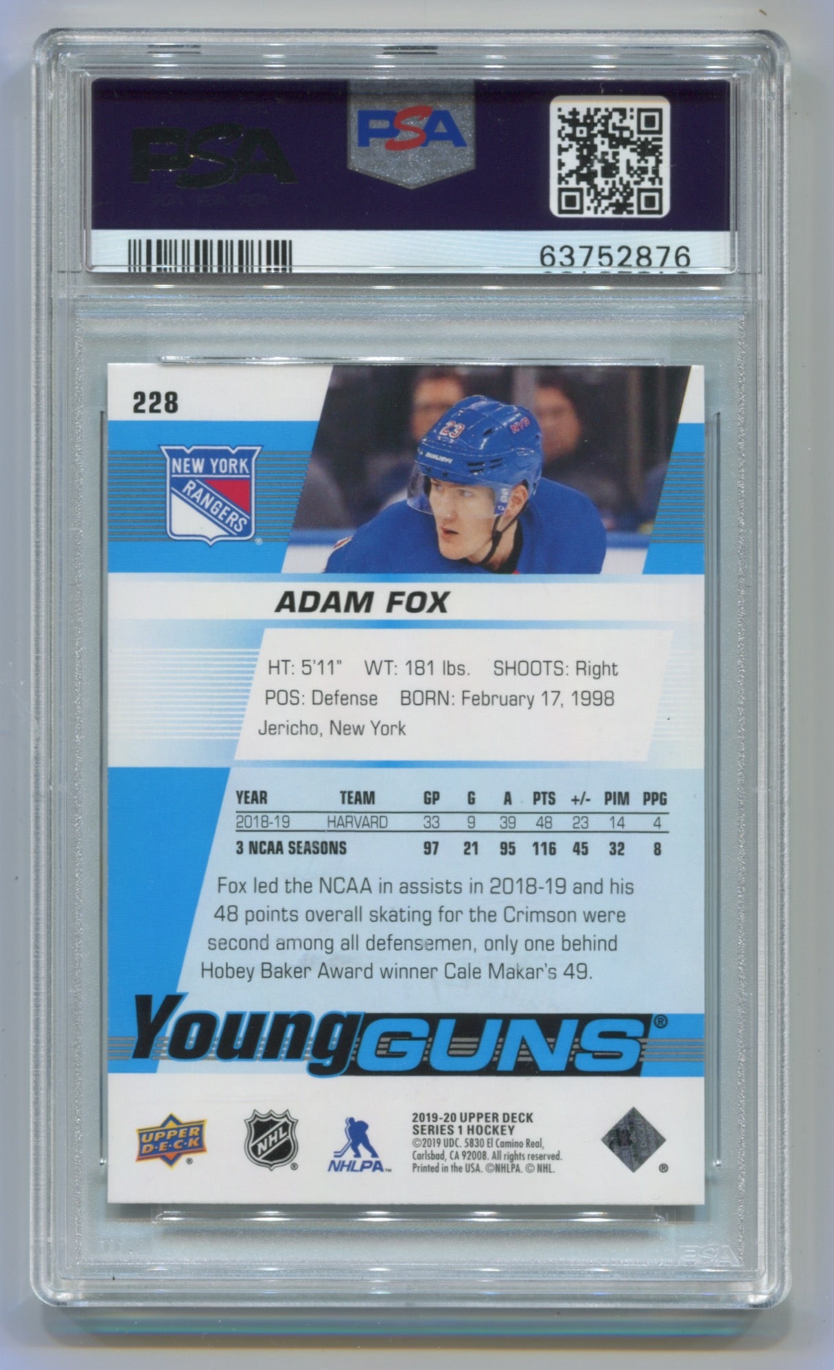 2019-20 Upper Deck #228 Adam Fox PSA 10 (Rookie)
