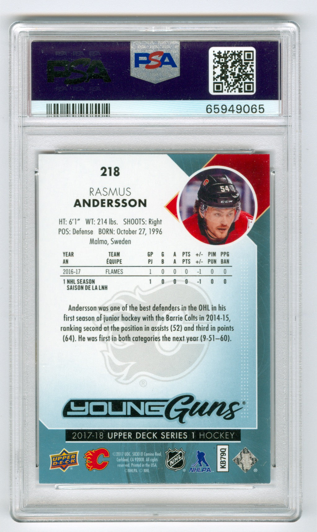 2017-18 Upper Deck #218 Rasmus Andersson PSA 9 (Rookie)