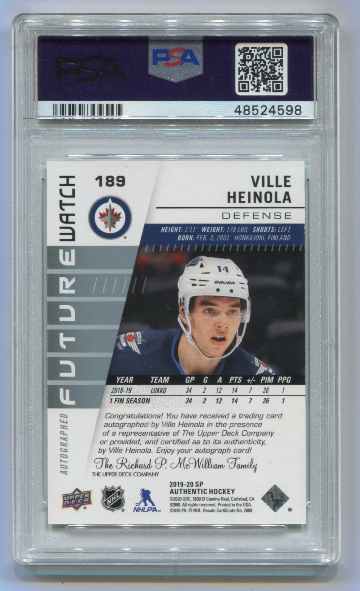 2019-20 SP Authentic #189 Ville Heinola #965/999 PSA 10 (Rookie)