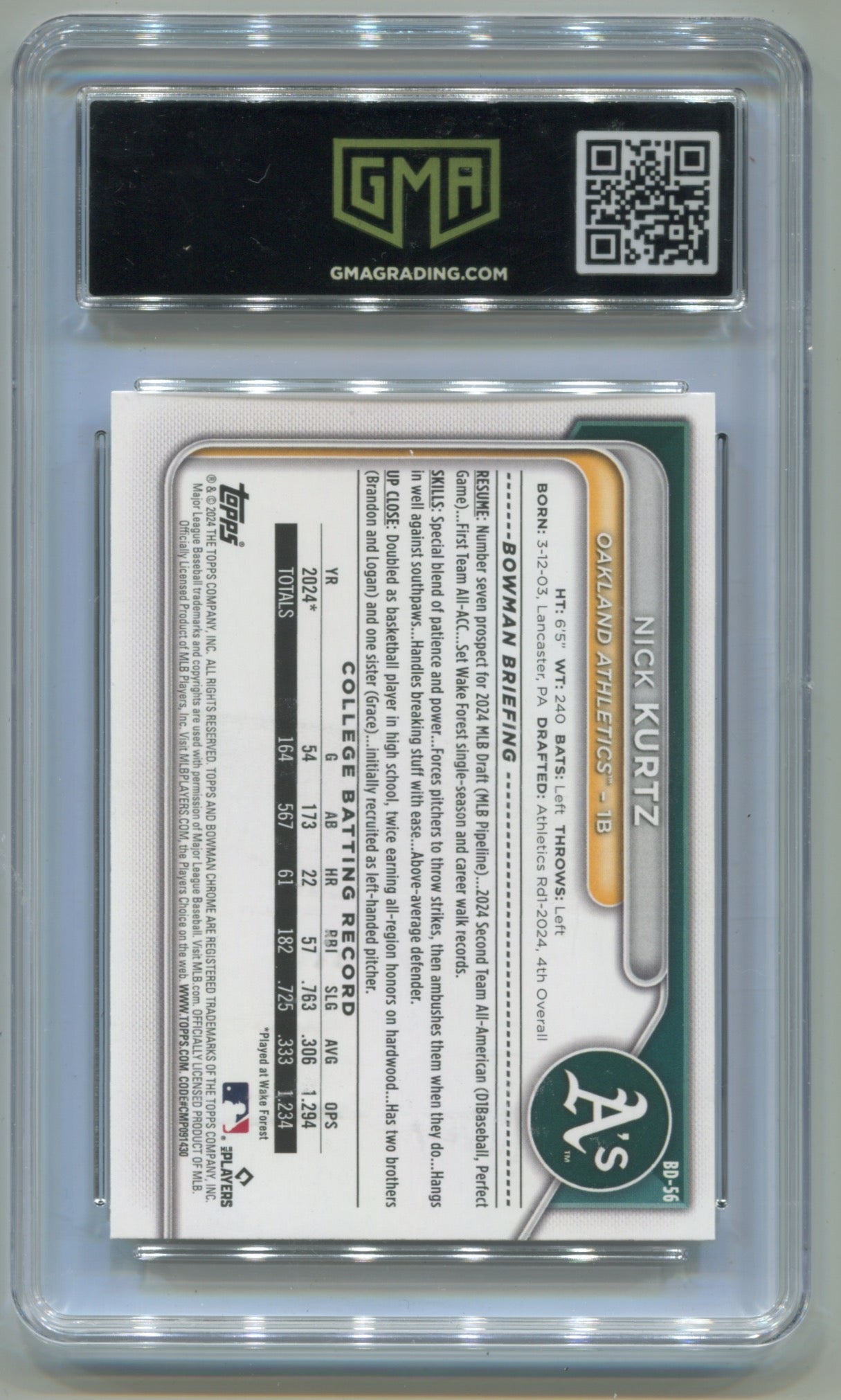 2024 Bowman Draft #BD56 Nick Kurtz GMA 10