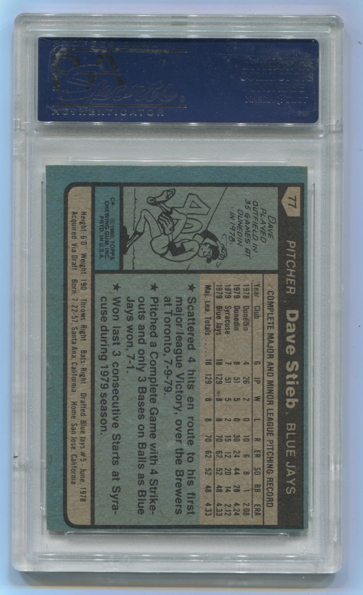 1980 Topps #77 Dave Steib PSA/DNA Authentic Auto (Rookie)