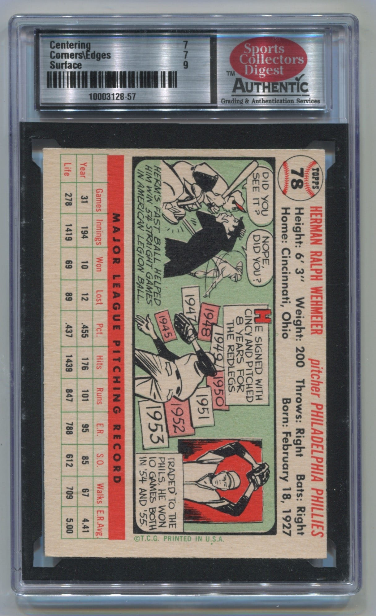 1956 Topps #78 Herman Wehmeier SCD 7