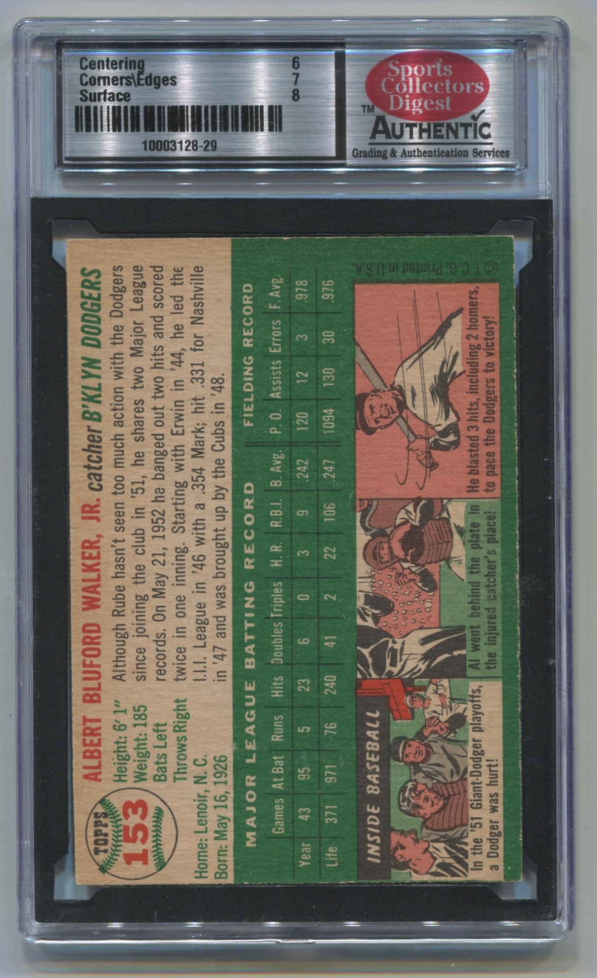 1954 Topps #153 Rube Walker SCD 6.5