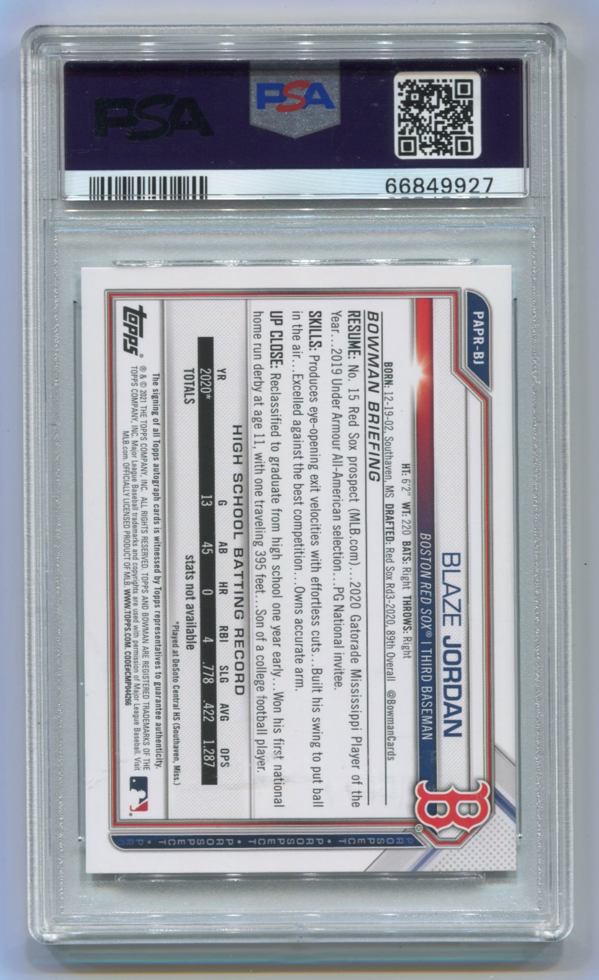 2021 Bowman Paper Prospect Auto #BJ Blaze Jordan PSA 10