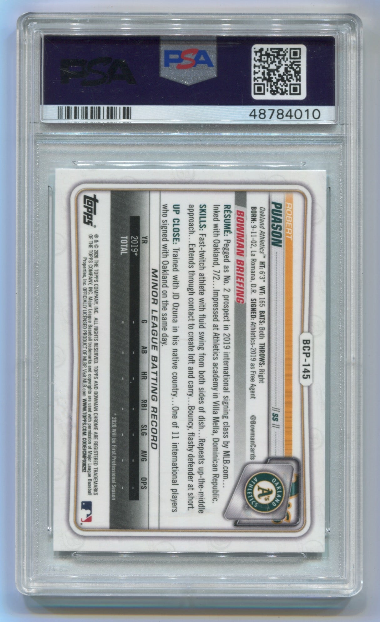 2020 Bowman Chrome Prospects #BCP145 Robert Puason PSA 10