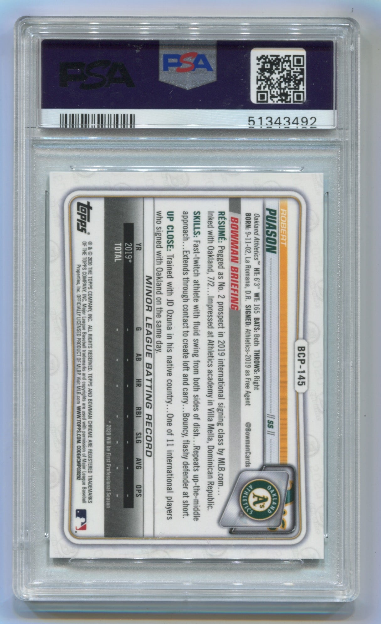 2020 Bowman Chrome Prospects Atomic Refractor #BCP145 Robert Puason PSA 10