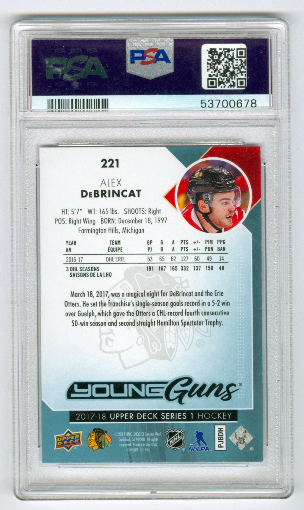 2017-18 Upper Deck #221 Alex DeBrincat PSA 9 (Rookie)