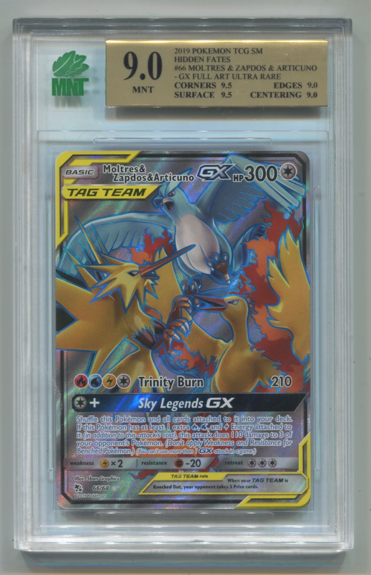 2019 Pokemon Hidden Fates #66 Moltres & Zapdos & Articuno GX- Full Art MNT 9.0