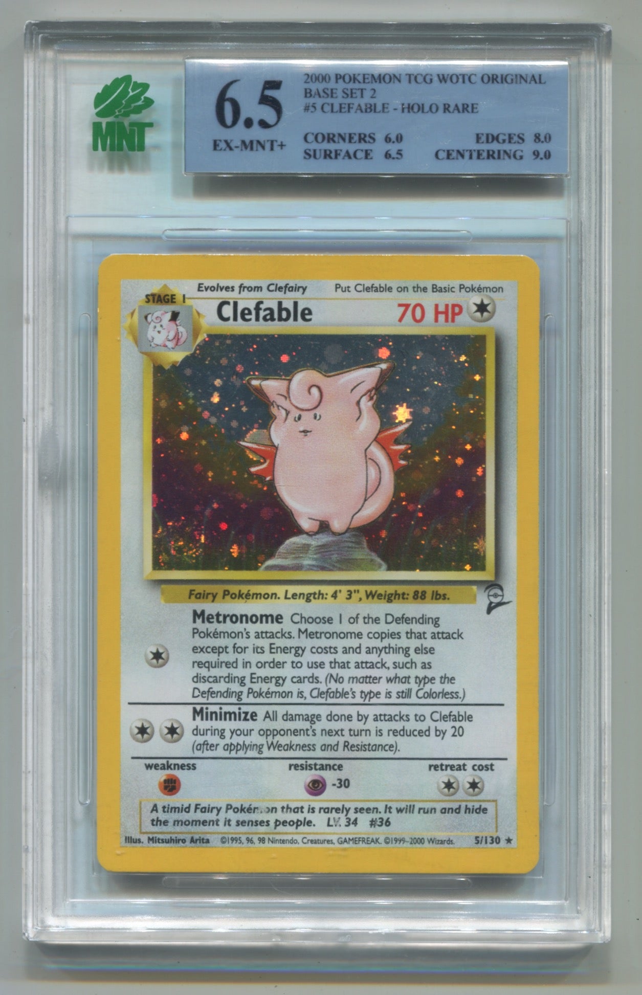 2000 Pokemon Base Set 2 #5 Clefable- Holo MNT 6.5