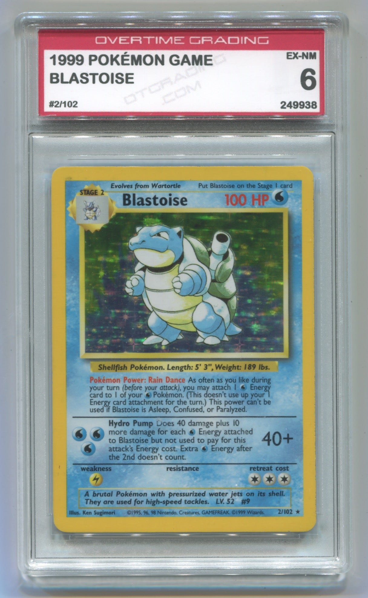 1999 Pokemon Base Set Unlimited #2 Blastoise- Holo OTG 6