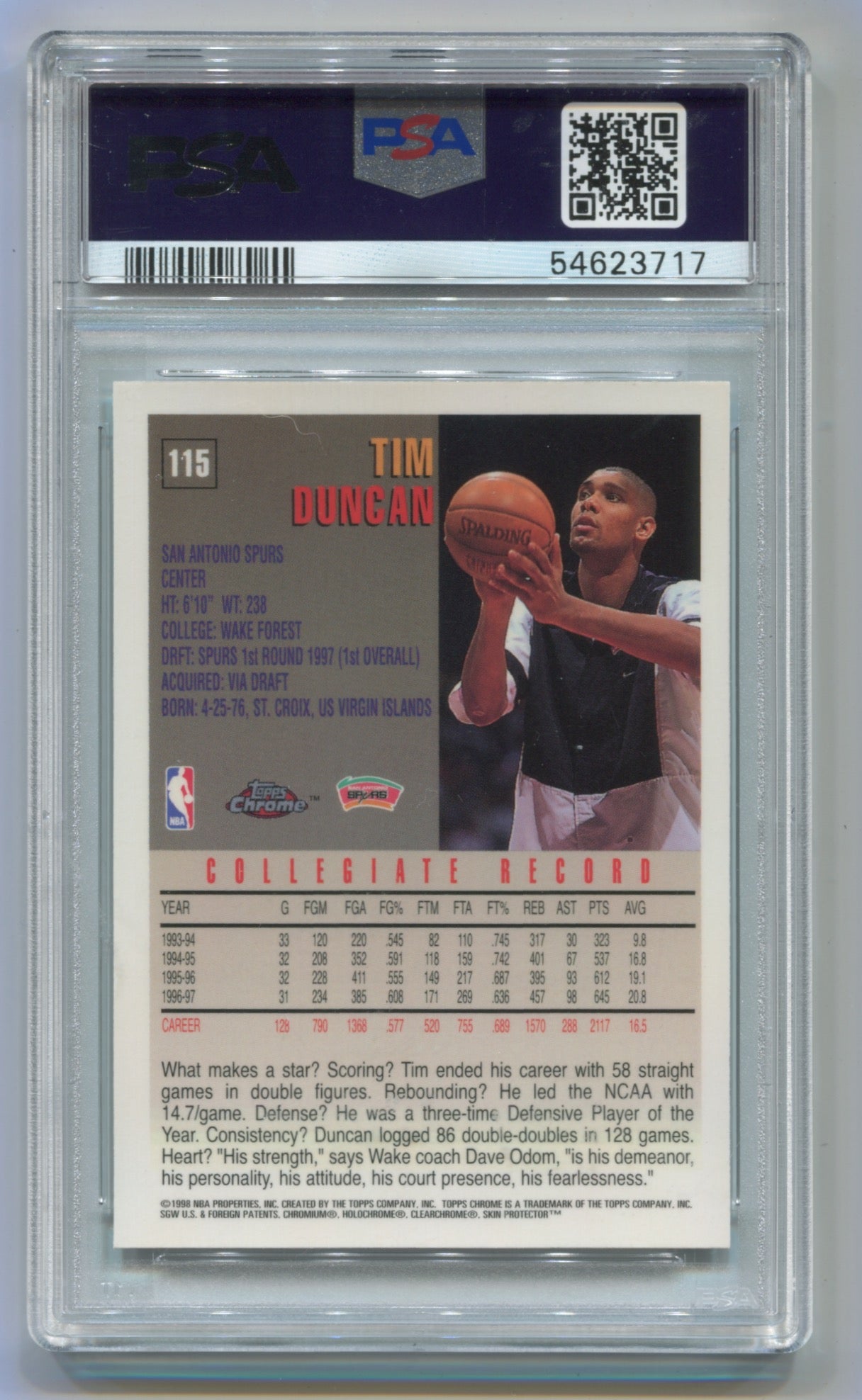 1997-98 Topps Chrome #115 Tim Duncan PSA 9 (Rookie)