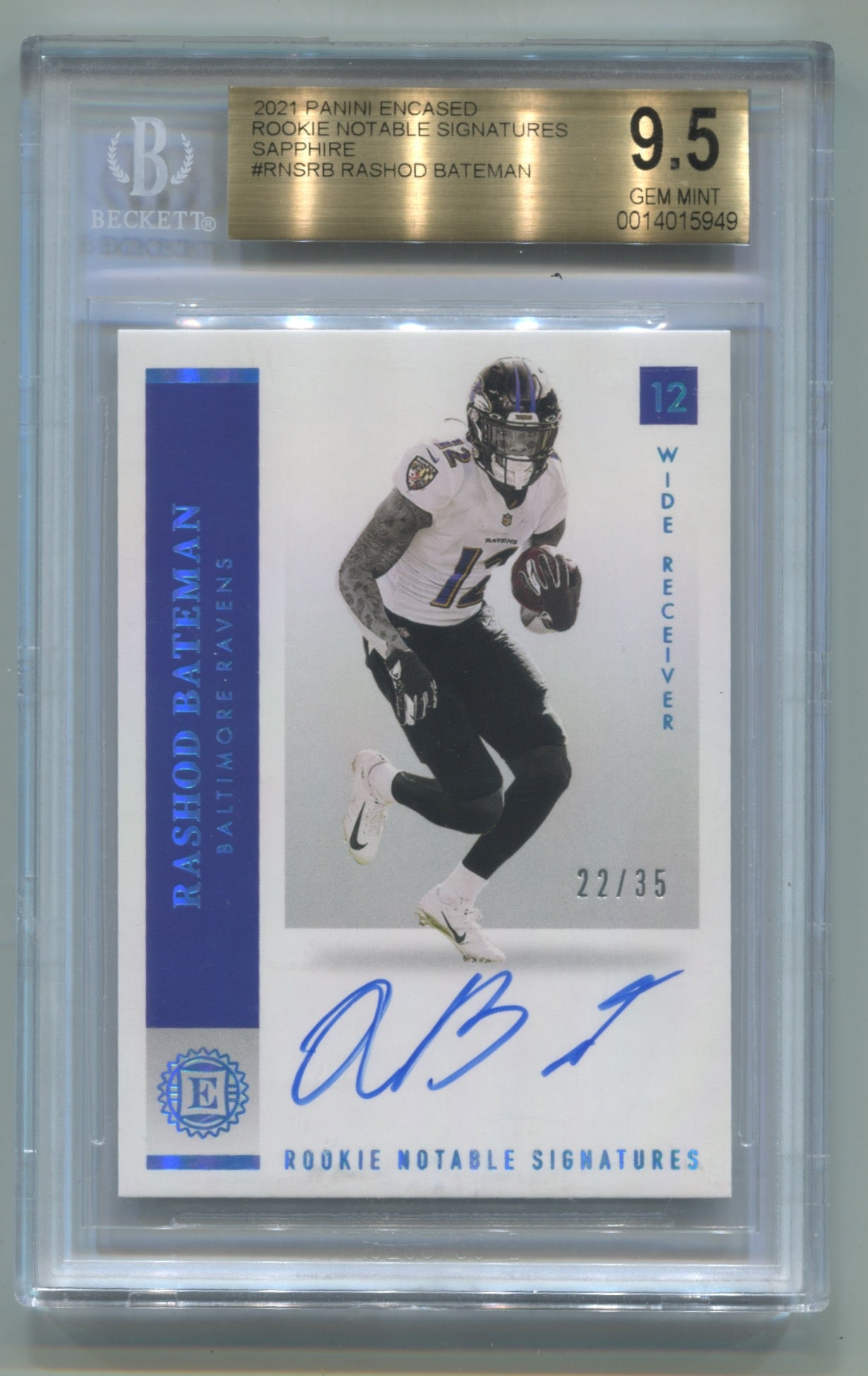 2021 Panini Encased Rookie Notable Signatures Sapphire #RNSRB Rashad Bateman #22/35 BGS 9.5 (Auto 10) (Rookie)