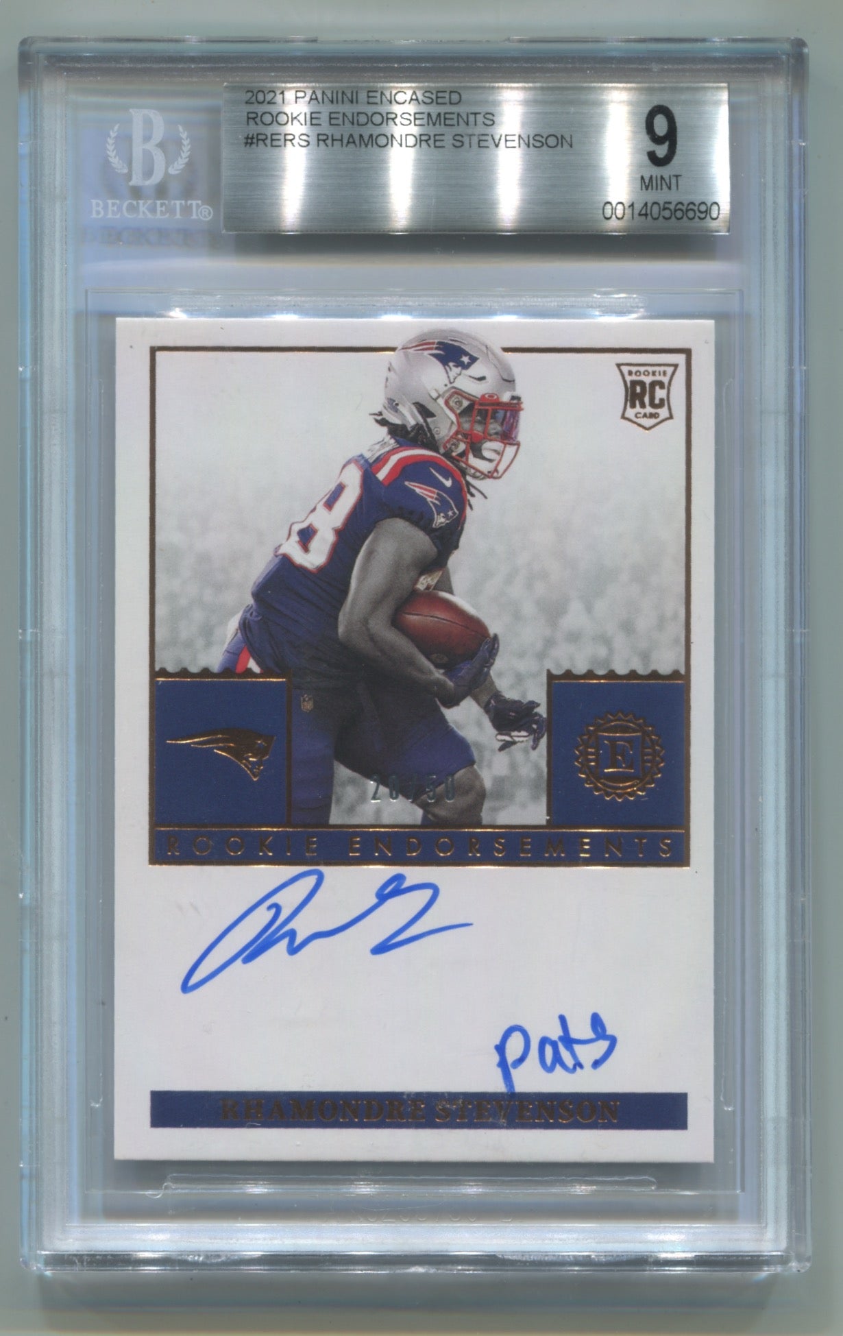 2021 Panini Encased Rookie Endorsements #RERS Rhamondre Stevenson #20/50 BGS 9 (Auto 10) (Rookie)