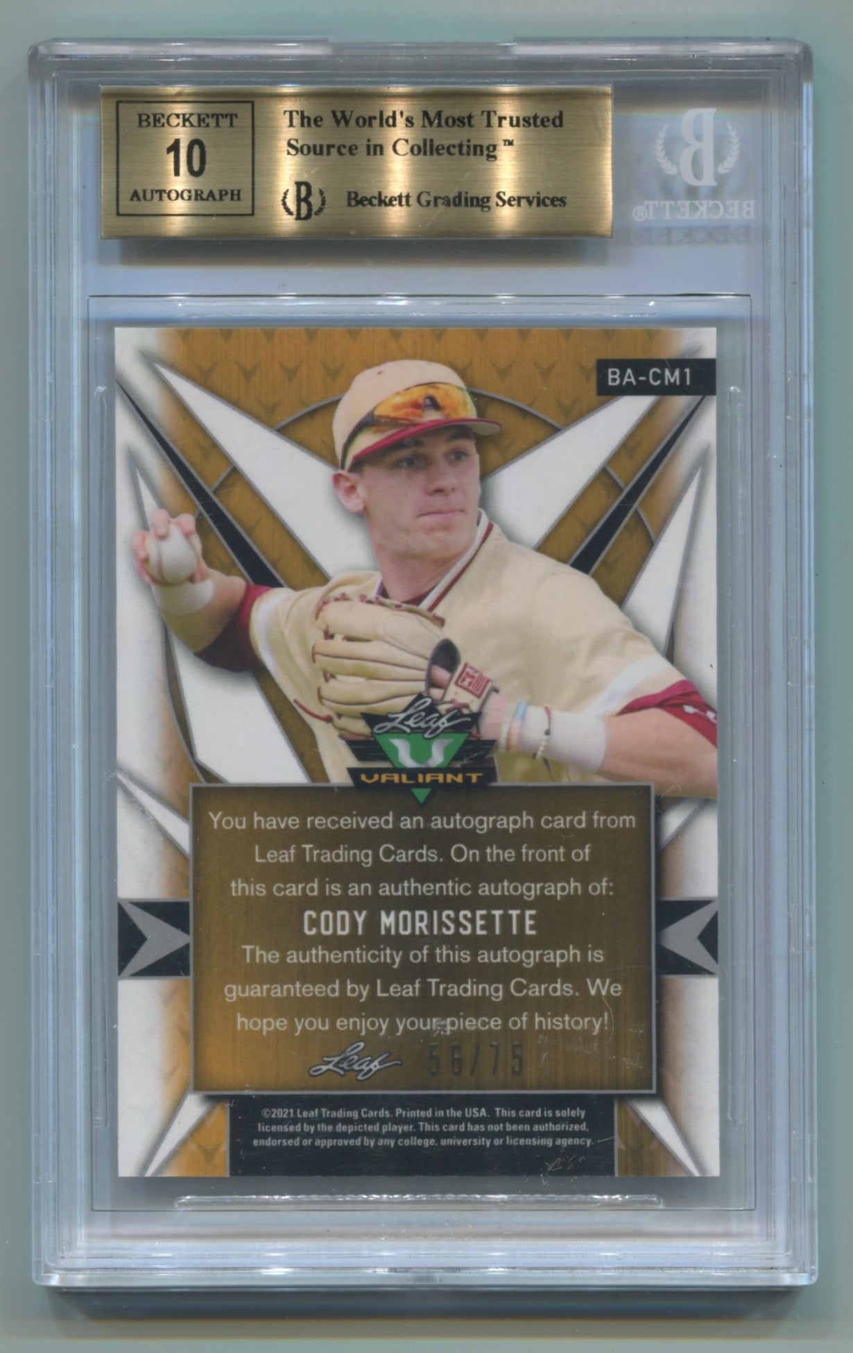 2021 Leaf Valiant Navy Blue #BACM1 Cody Morissette #56/75 BGS 9.5 (Auto 10)
