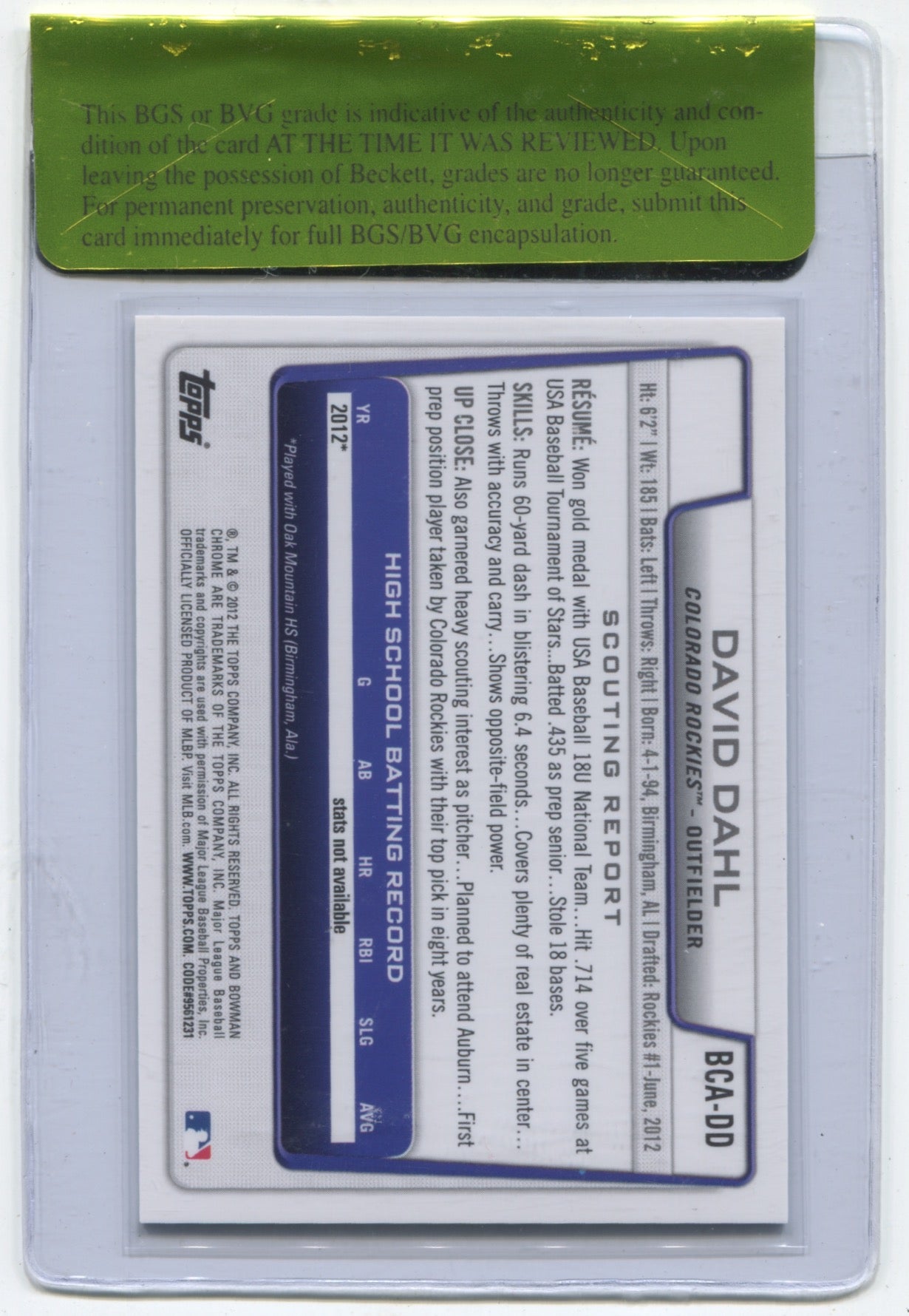 2012 Bowman Chrome Draft Pick Autographs #DD David Dahl BGS 9.5 (Auto 10) (Raw Card Review)