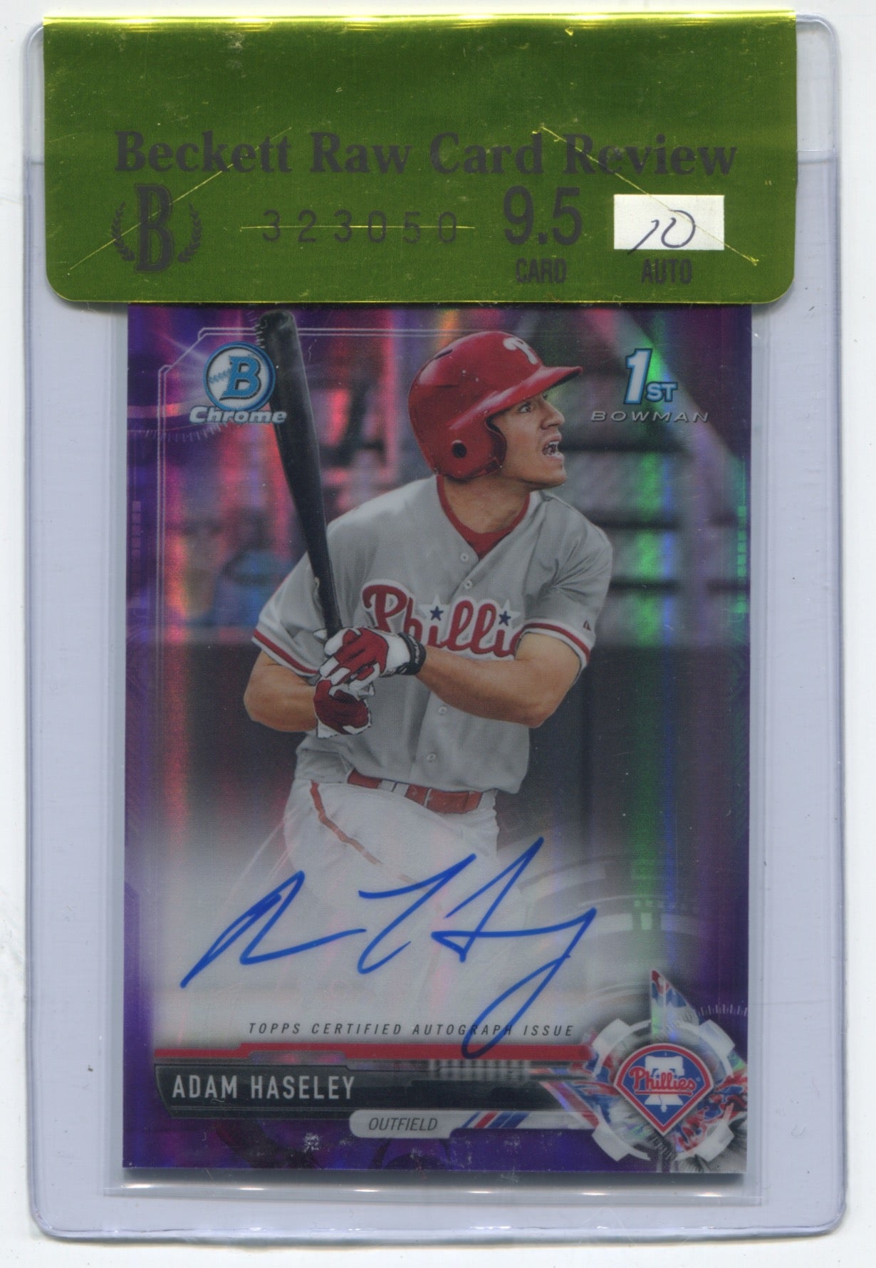 2017 Bowman Chrome Draft Autographs Purple Refractor #CDAAH Adam Haseley #065/250 BGS 9.5 (Auto 10) (Raw Card Review)
