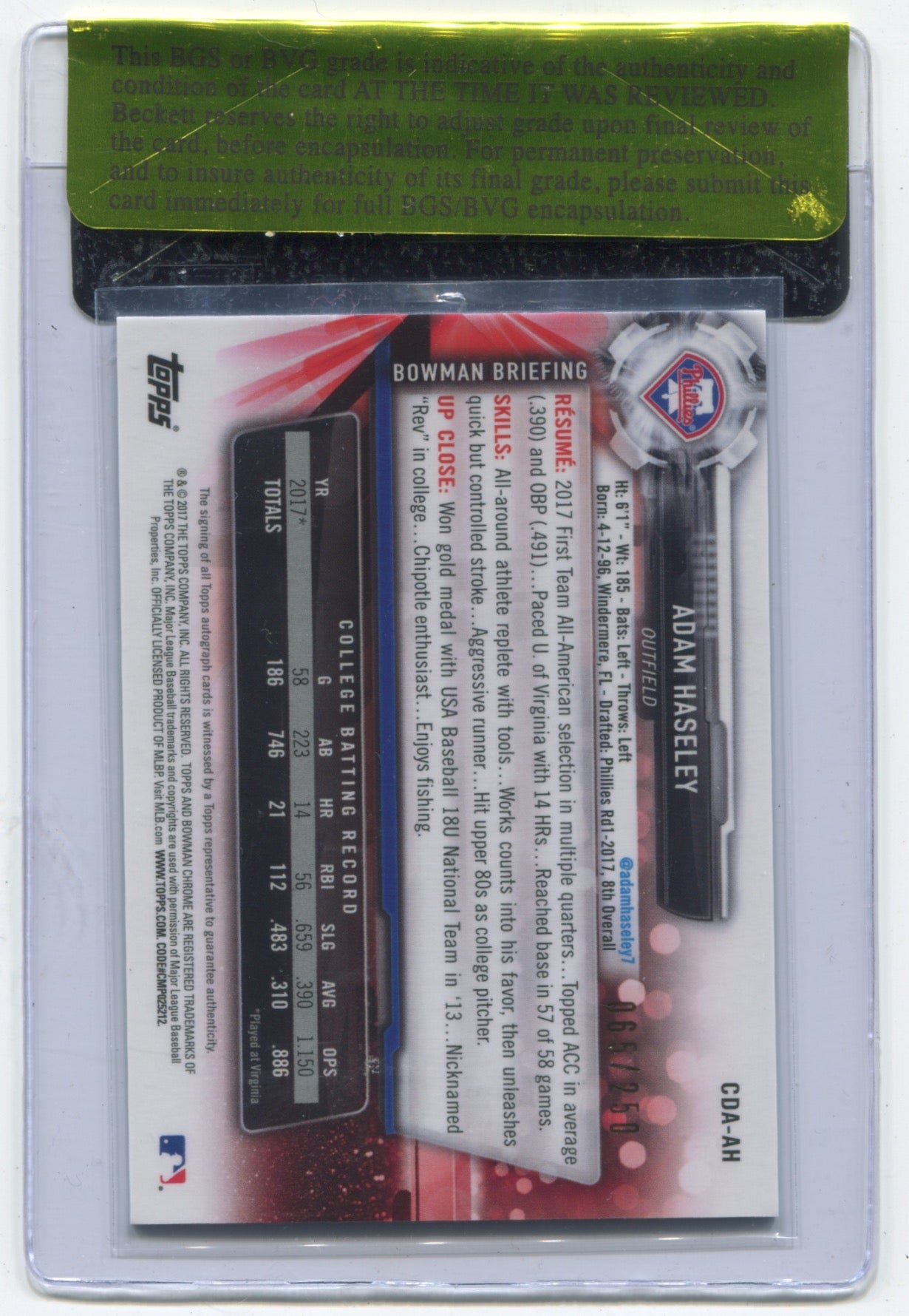 2017 Bowman Chrome Draft Autographs Purple Refractor #CDAAH Adam Haseley #065/250 BGS 9.5 (Auto 10) (Raw Card Review)