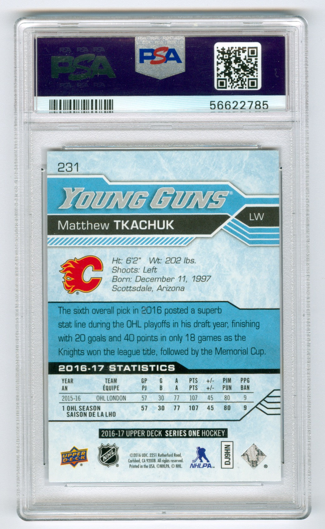 2016-17 Upper Deck #231 Matthew Tkachuk PSA 10 (Rookie)