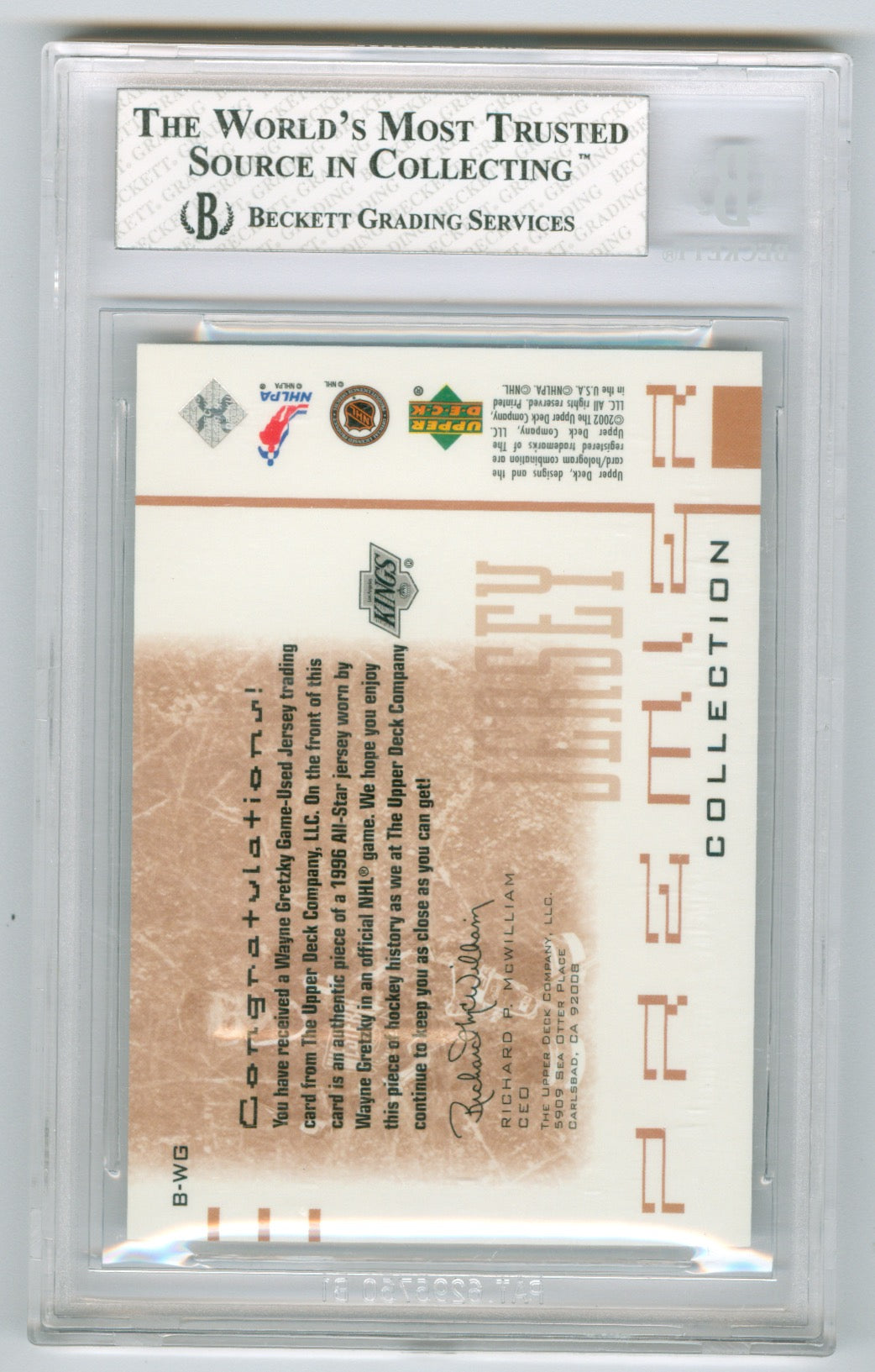 2001-02 Upper Deck Premier Collection Jerseys Black #B-WG Wayne Gretzky #128/150 BGS 8