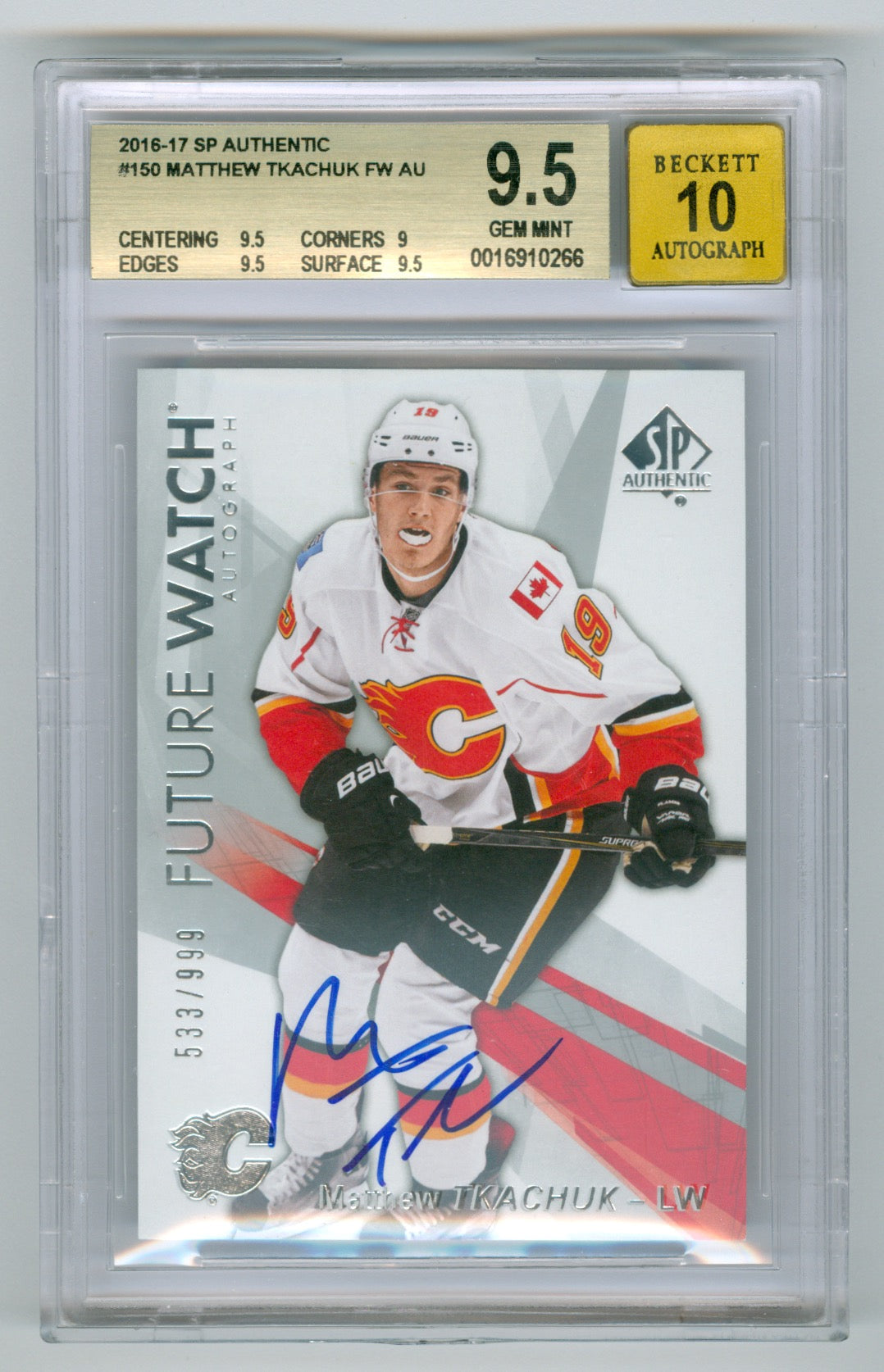 2016-17 SP Authentic #150 Matthew Tkachuk #533/999 BGS 9.5 (Auto 10) (Rookie)