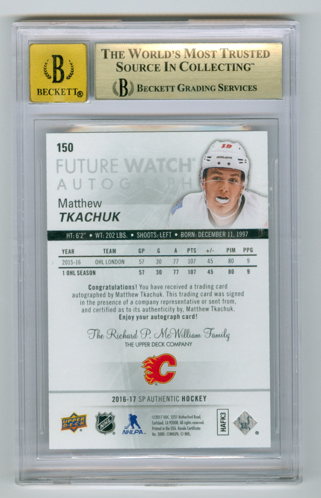 2016-17 SP Authentic #150 Matthew Tkachuk #533/999 BGS 9.5 (Auto 10) (Rookie)