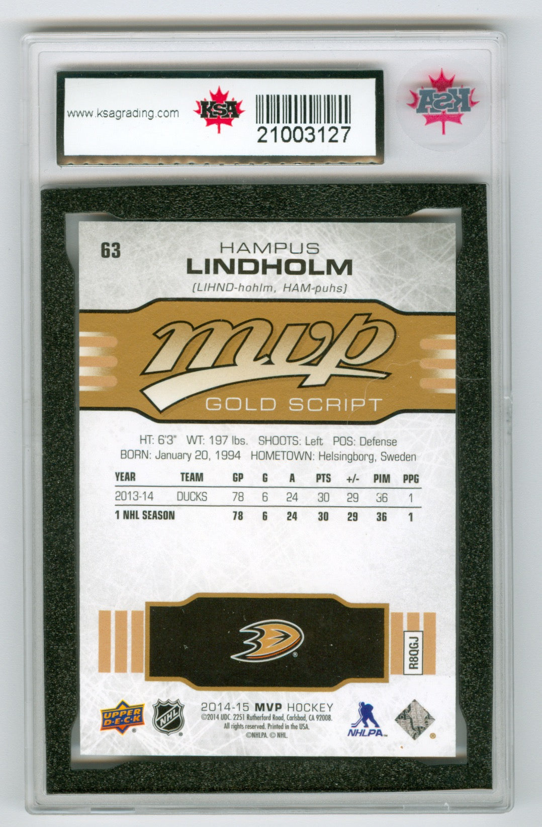 2014-15 Upper Deck MVP #63 Hampus Lindholm #82/100 KSA 10