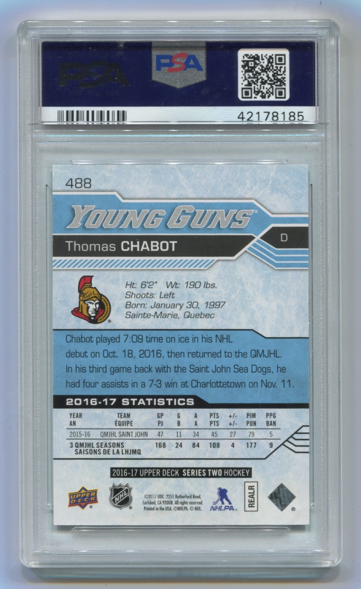 2016-17 Upper Deck #488 Thomas Chabot PSA 10 (Rookie)