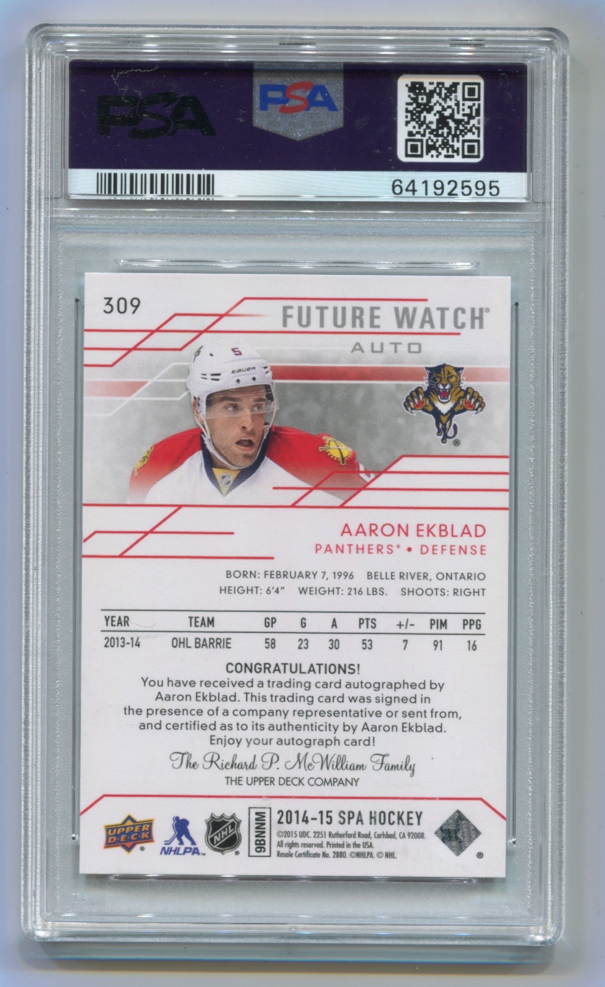 2014-15 SP Authentic #309 Aaron Ekblad #104/999 PSA 9 (Rookie)
