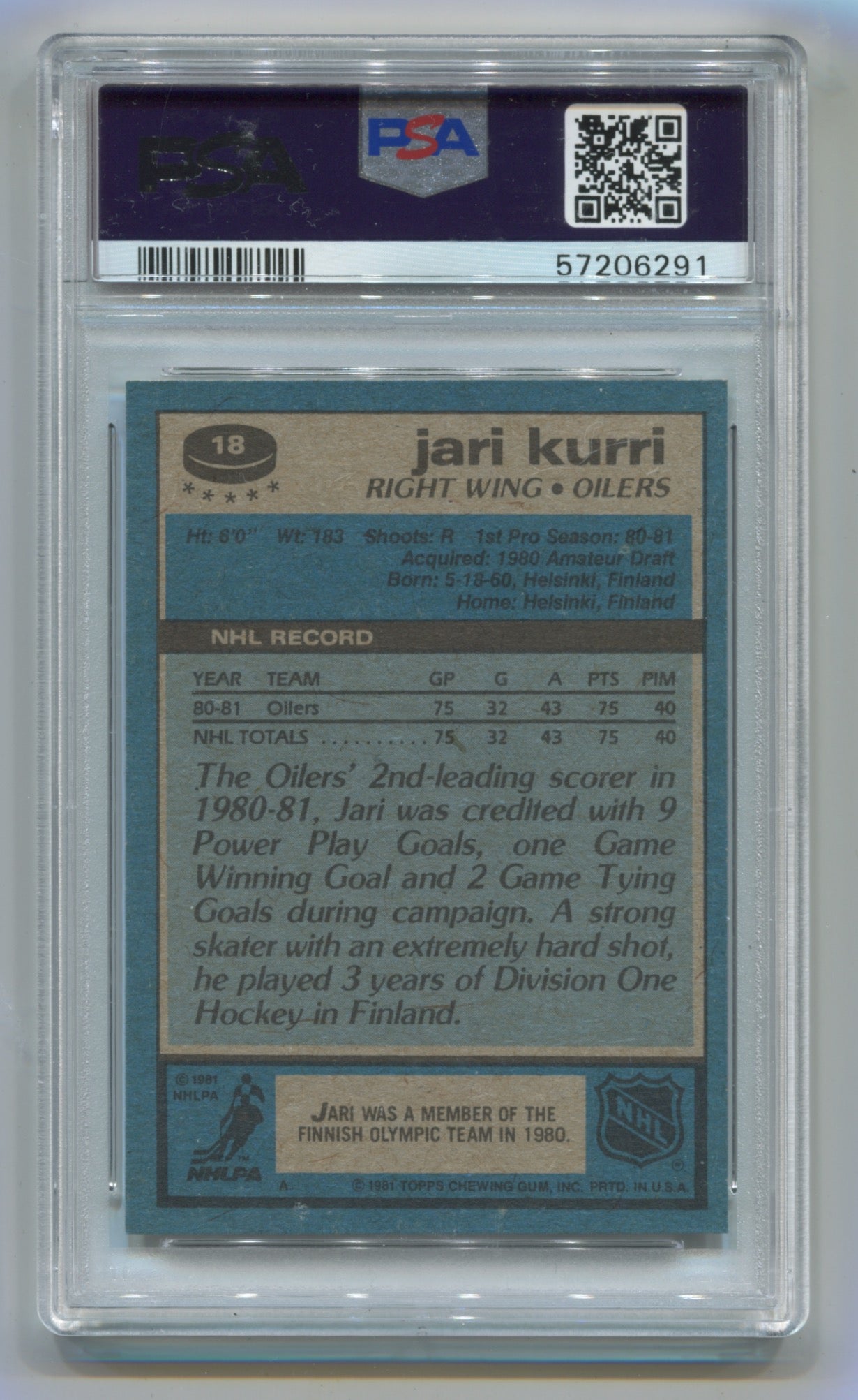 1981-82 Topps #18 Jari Kurri PSA 9 (Rookie)