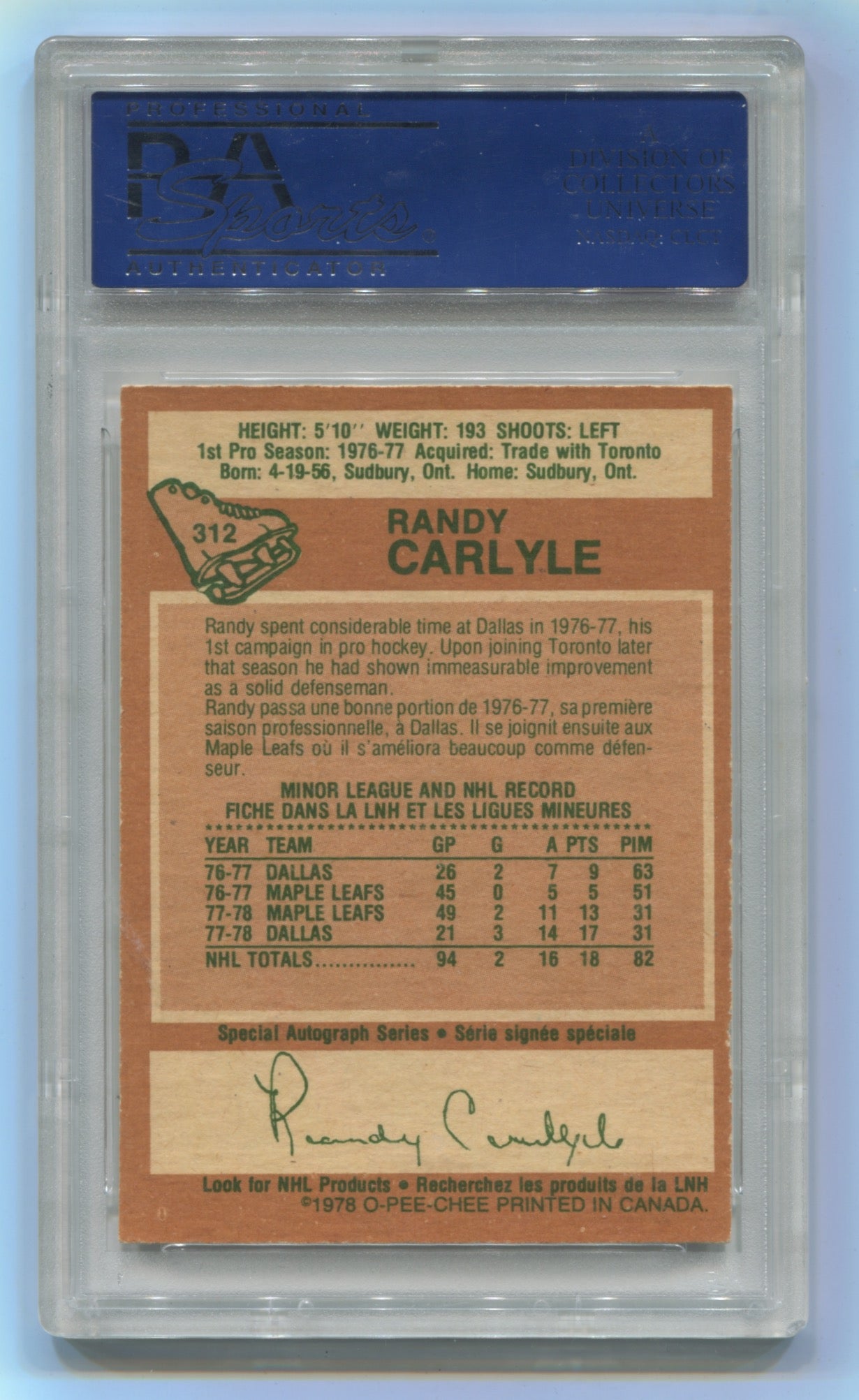 1978-79 O-Pee-Chee #312 Randy Carlyle PSA 7 (Rookie)