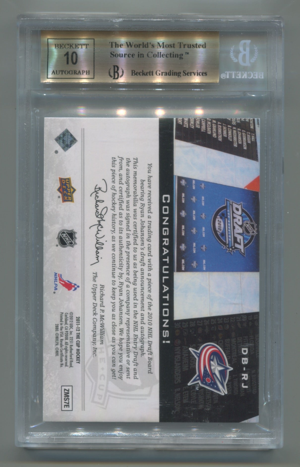 2011-12 The Cup Autographed Draft Boards #DBRJ Ryan Johansen #07/25 BGS 9.5 (Auto 10) (Rookie)