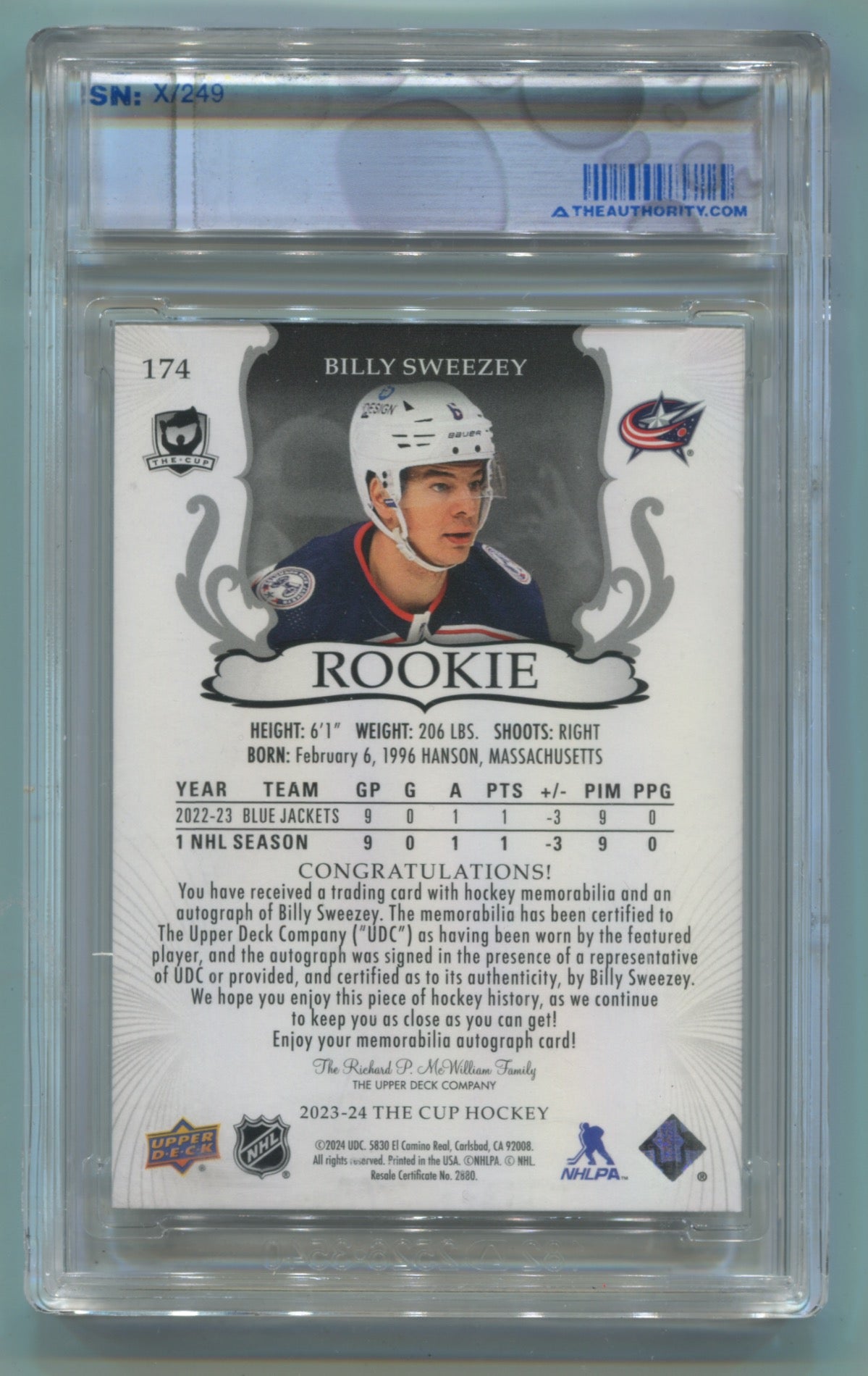 2023-24 Upper Deck The Cup #174 Billy Sweezey #175/249 (Rookie)