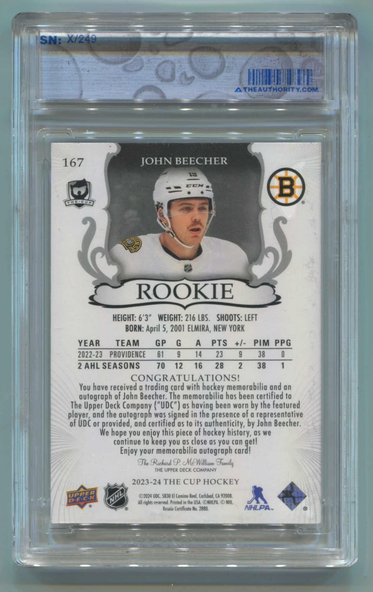 2023-24 Upper Deck The Cup #167 John Beecher #030/249 (Rookie)