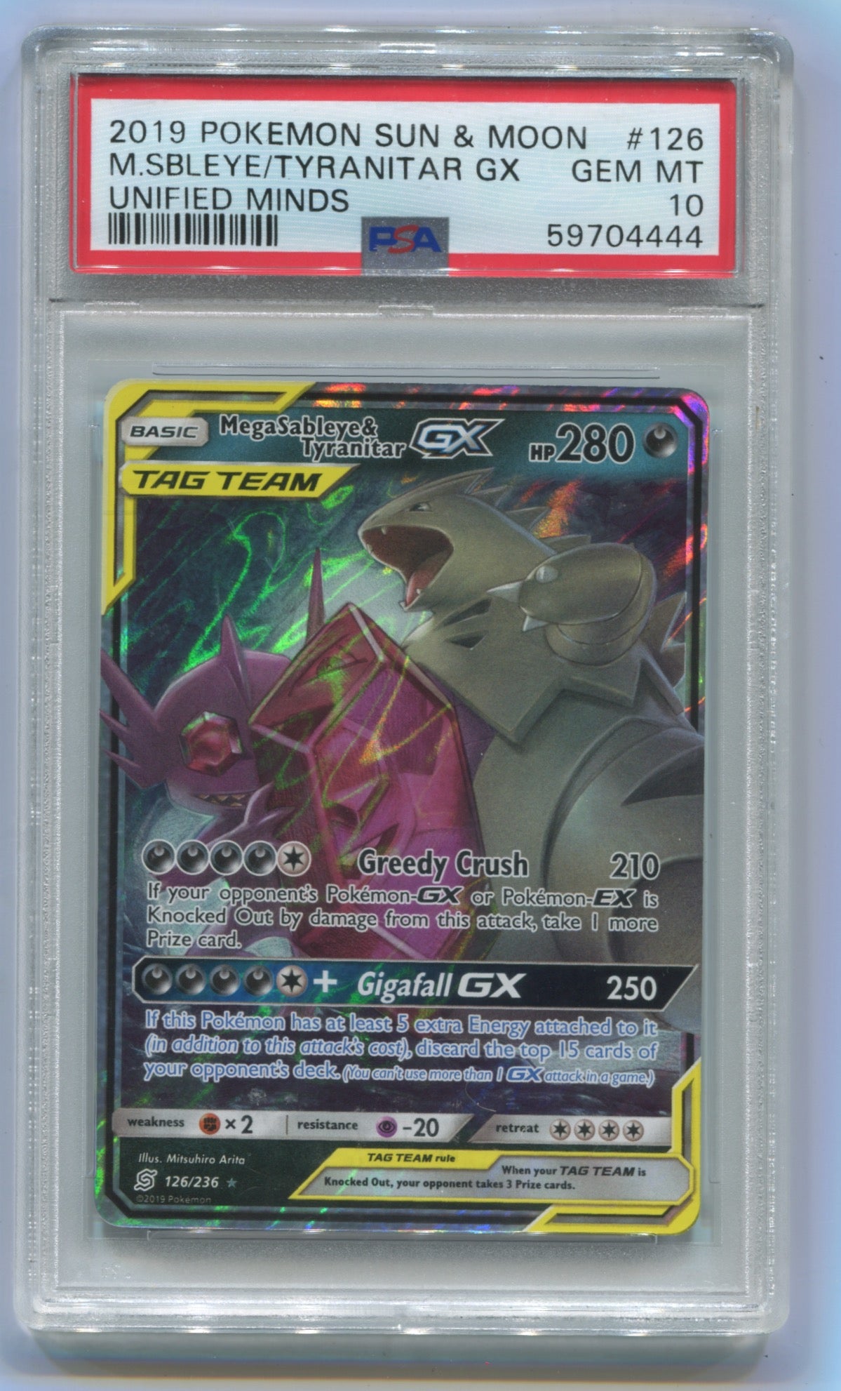 2019 Pokemon Unified Minds #126 MegaSableye & Tyranitar GX PSA 10