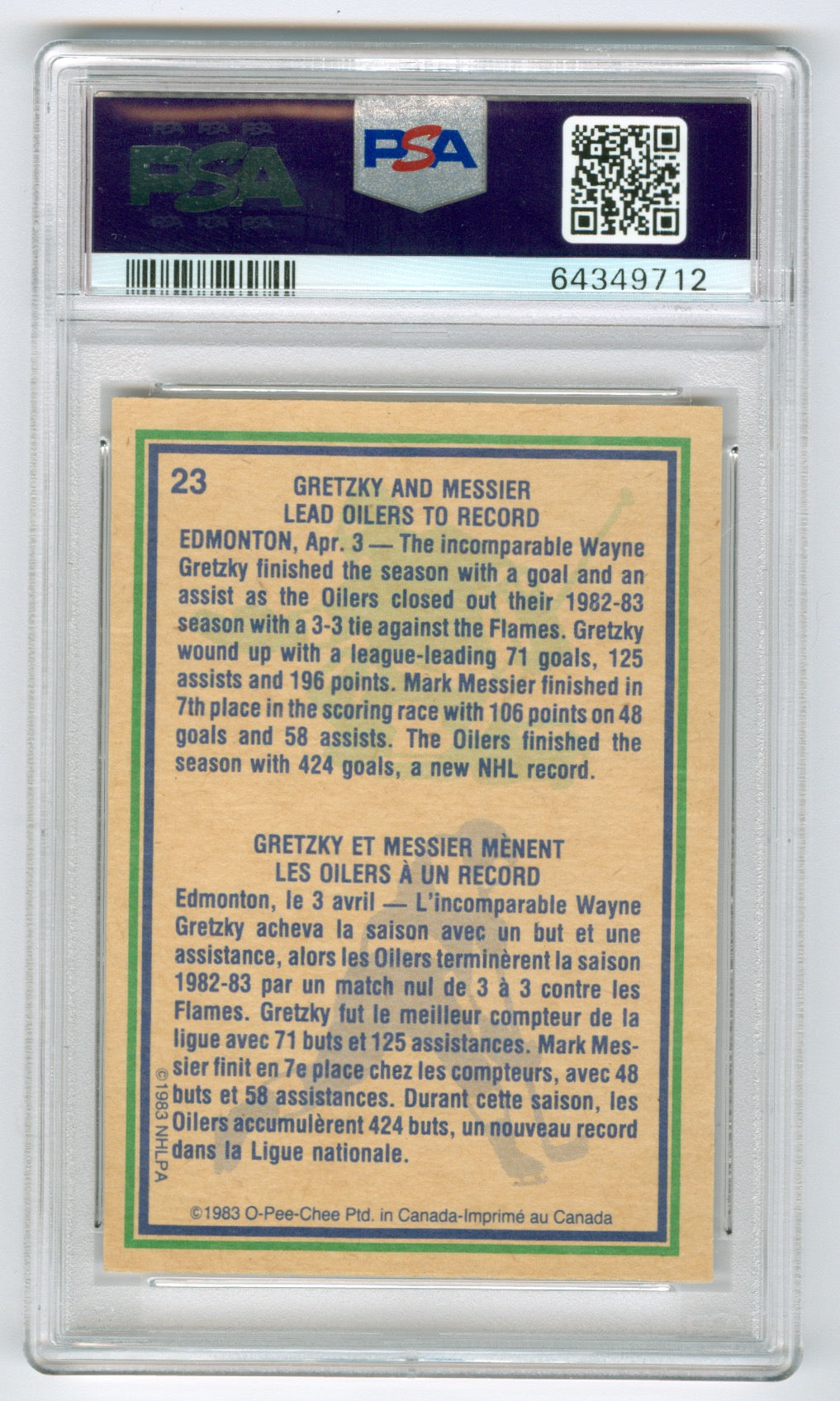 1983-84 O-Pee-Chee Oilers Highlights #23 Wayne Gretzky/Mark Messier PSA 10