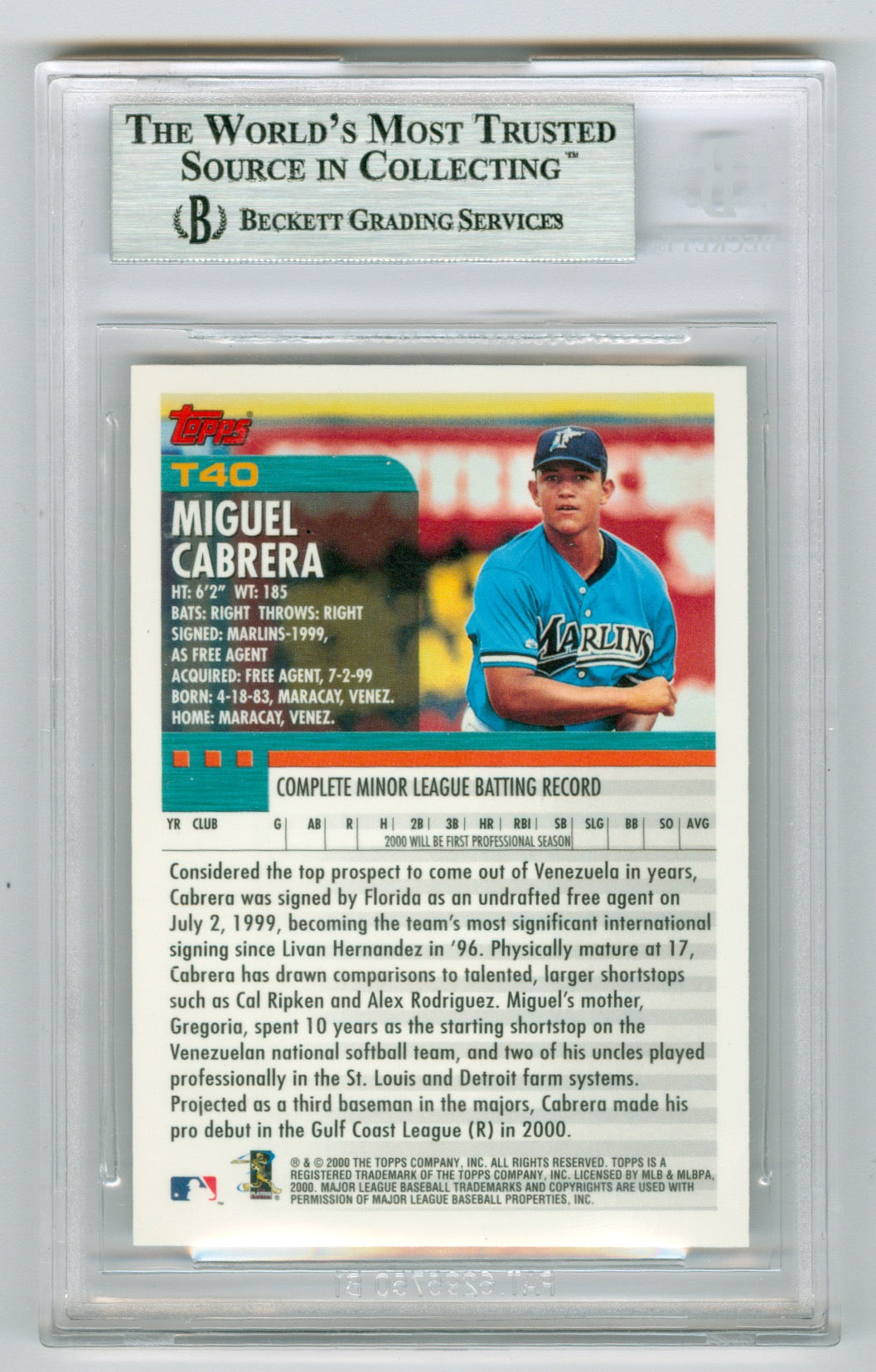 2000 Topps Traded #T40 Miguel Cabrera BGS 9 (Rookie)