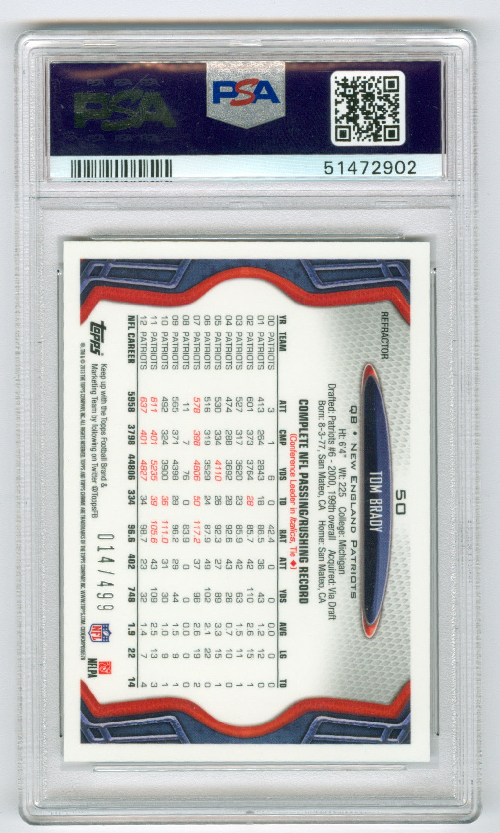 2013 Topps Chrome Camo Refractor #50 Tom Brady- White Jersey #014/499 PSA 10