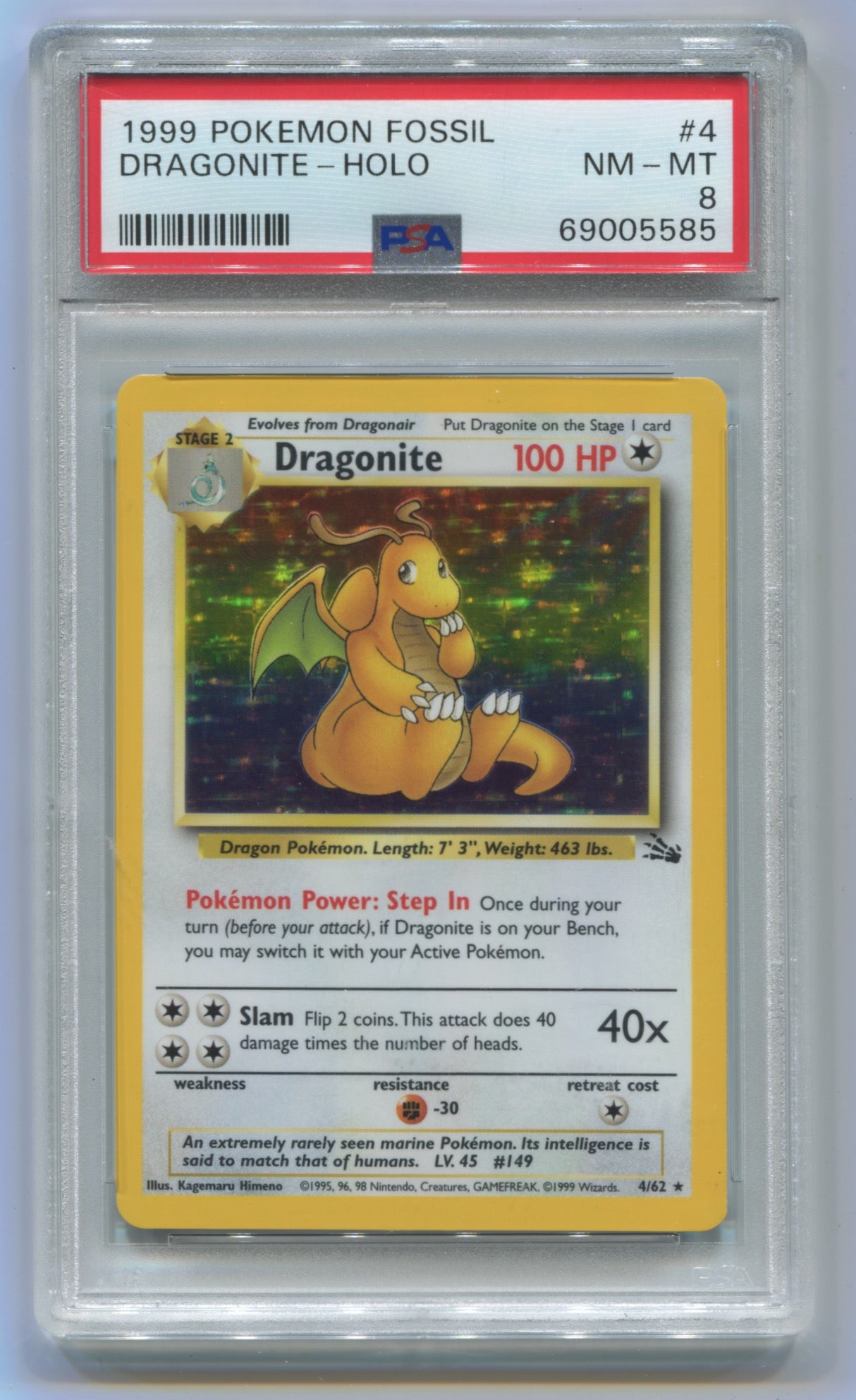 1999 Pokemon Fossil Unlimited #4 Dragonite - Holo PSA 8