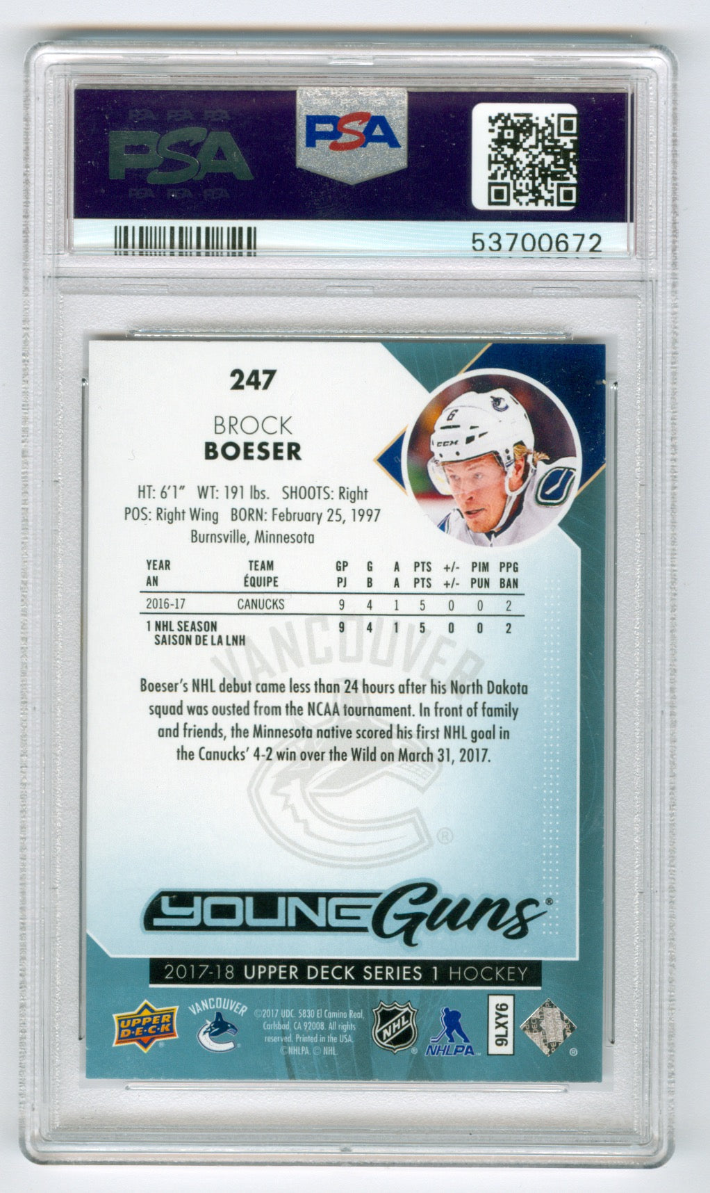 2017-18 Upper Deck #247 Brock Boeser PSA 7 (Rookie)