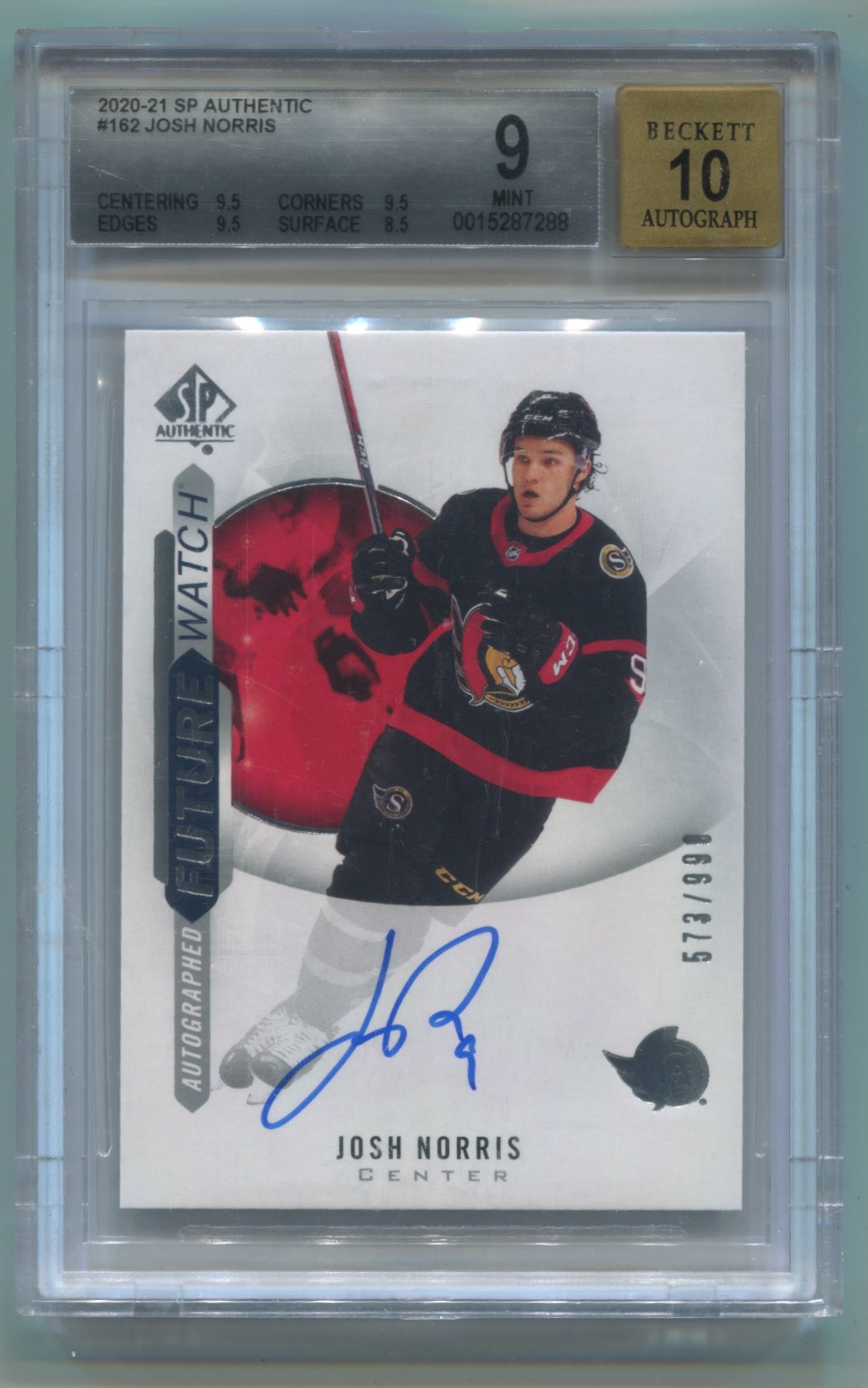 2020-21 SP Authentic #162 Josh Norris #573/999 BGS 9 (Auto 10) (Rookie)